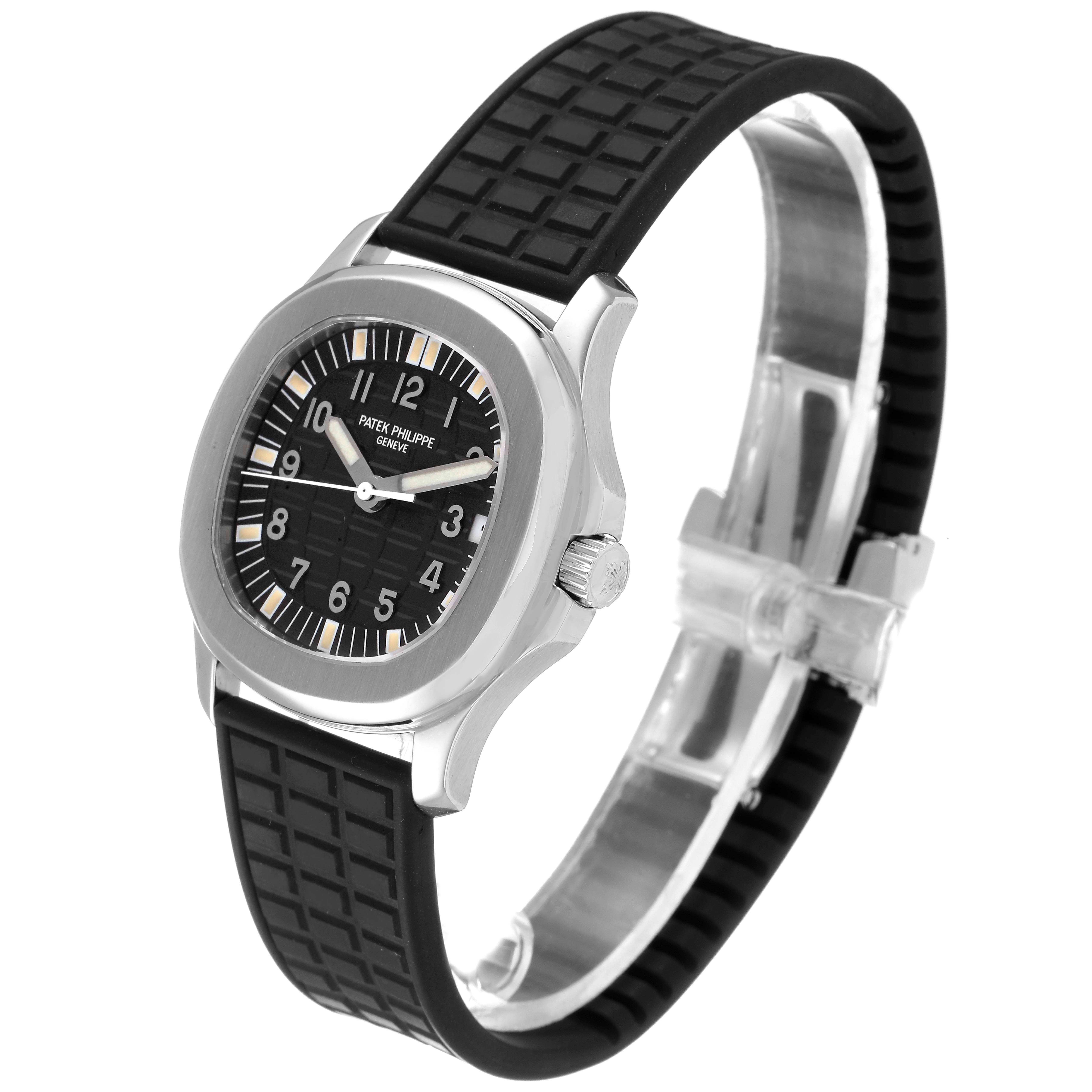 The image shows a Patek Philippe Aquanaut 5066 Men
s Stainless Steel Black Dial 5066 Men
s Stainless Steel Black Dial watch at an angle highlighting its face, case, and black rubber strap.