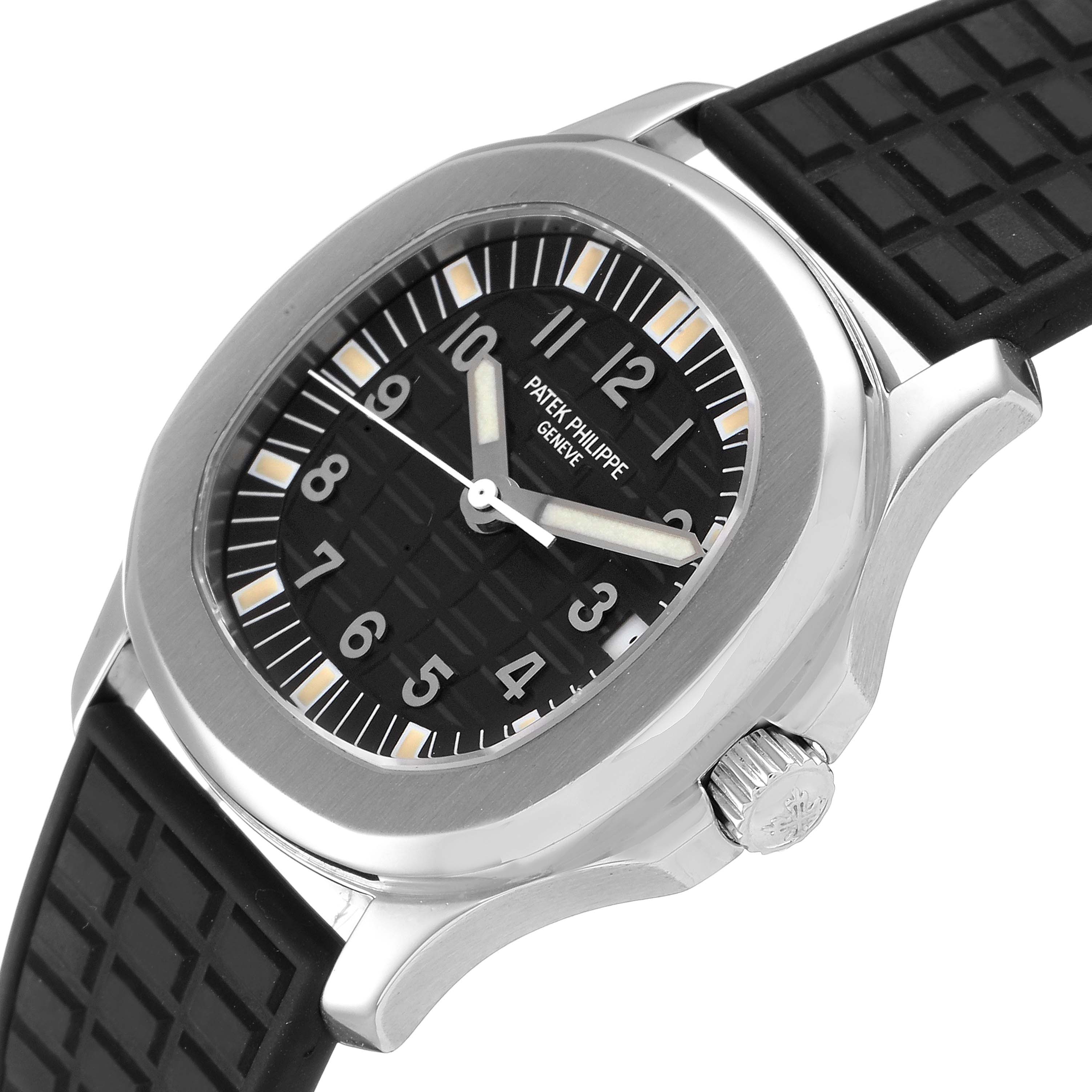This Patek Philippe Aquanaut 5066 Men
s Stainless Steel Black Dial 5066 Men
s Stainless Steel Black Dial watch is shown from a three-quarter view, highlighting its face, crown, and strap.