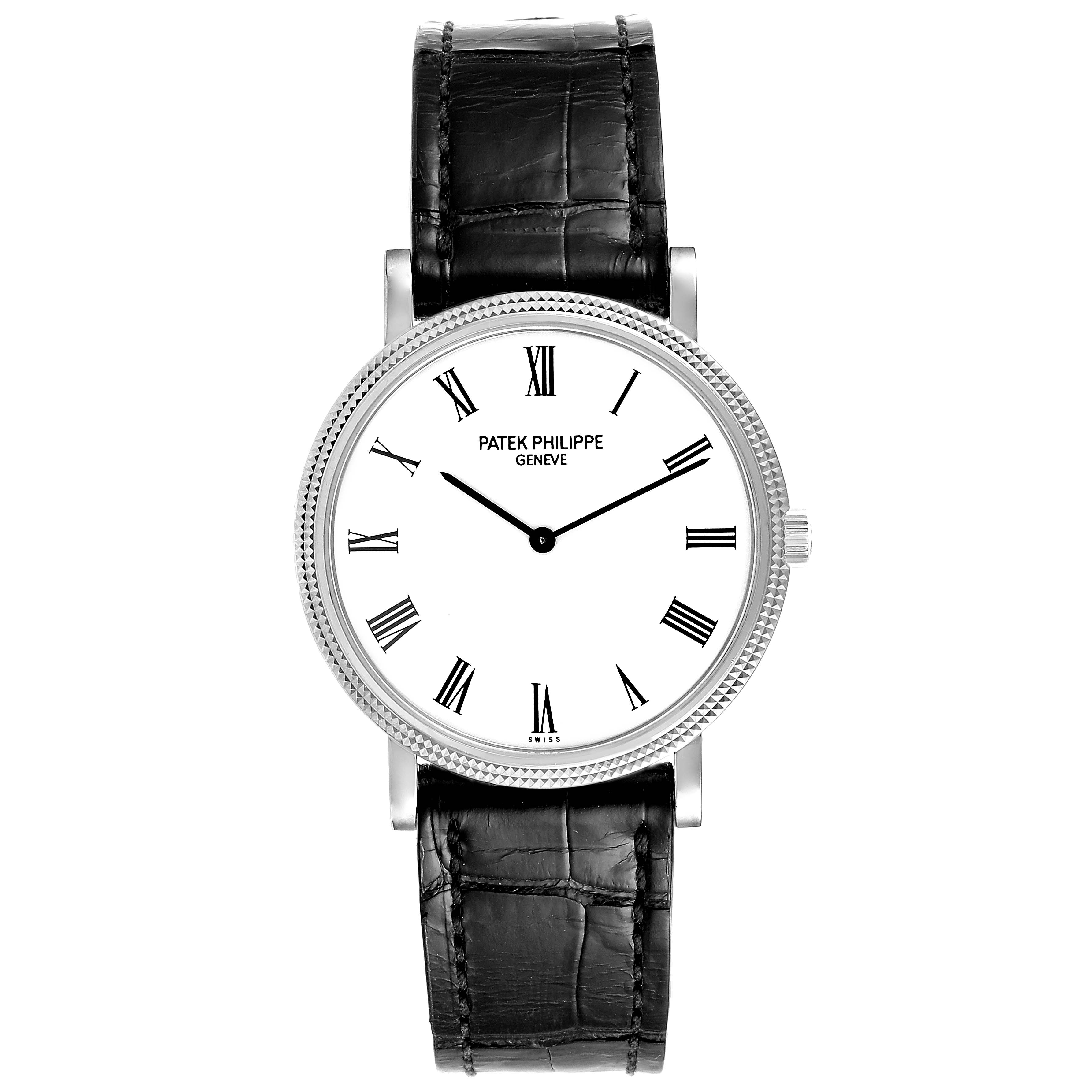 This image shows a front view of a Patek Philippe Calatrava 5120G Men's White Gold White Dial 5120G Men's White Gold White Dial watch with a white dial and black leather strap.