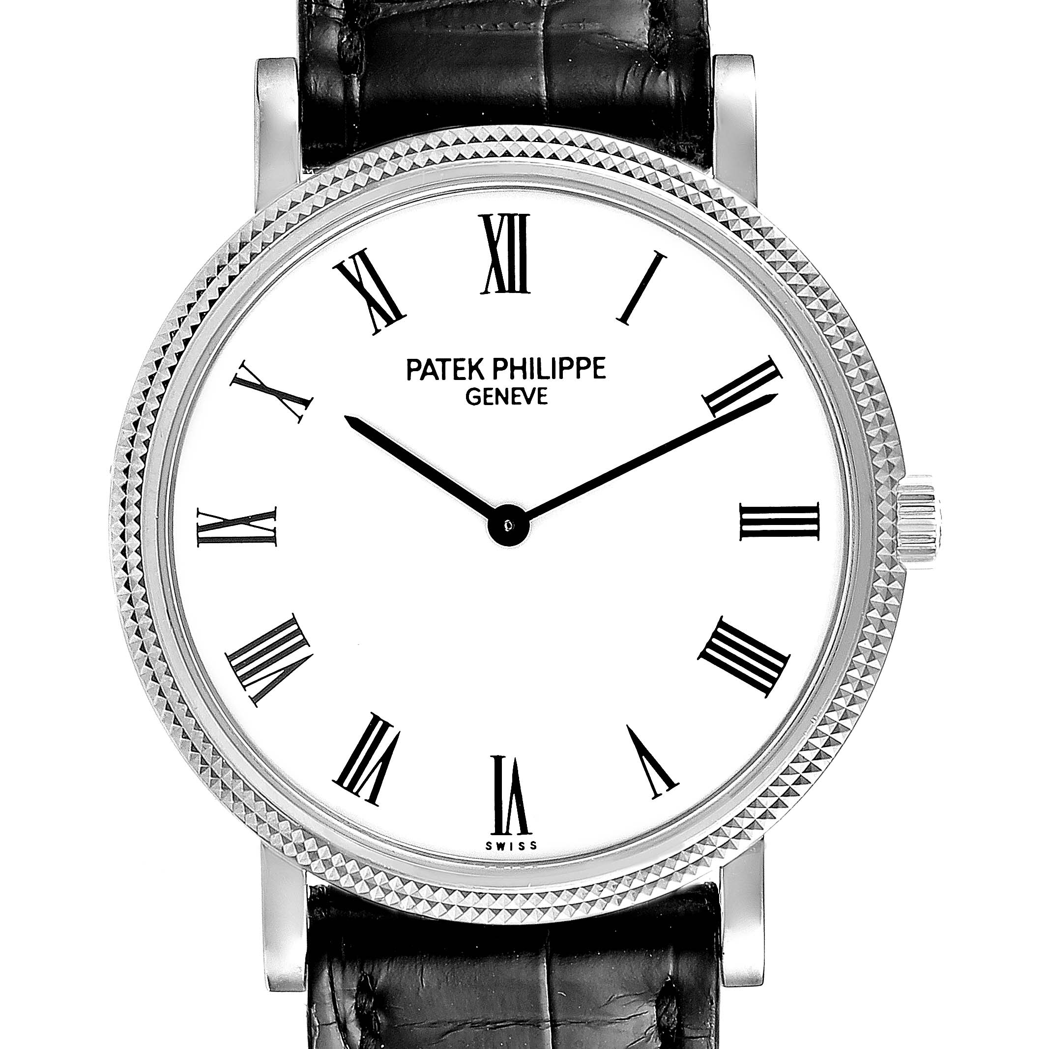 This image shows a frontal view of the Patek Philippe Calatrava 5120G Men's White Gold White Dial 5120G Men's White Gold White Dial watch, highlighting its dial, hands, and distinctive bezel.