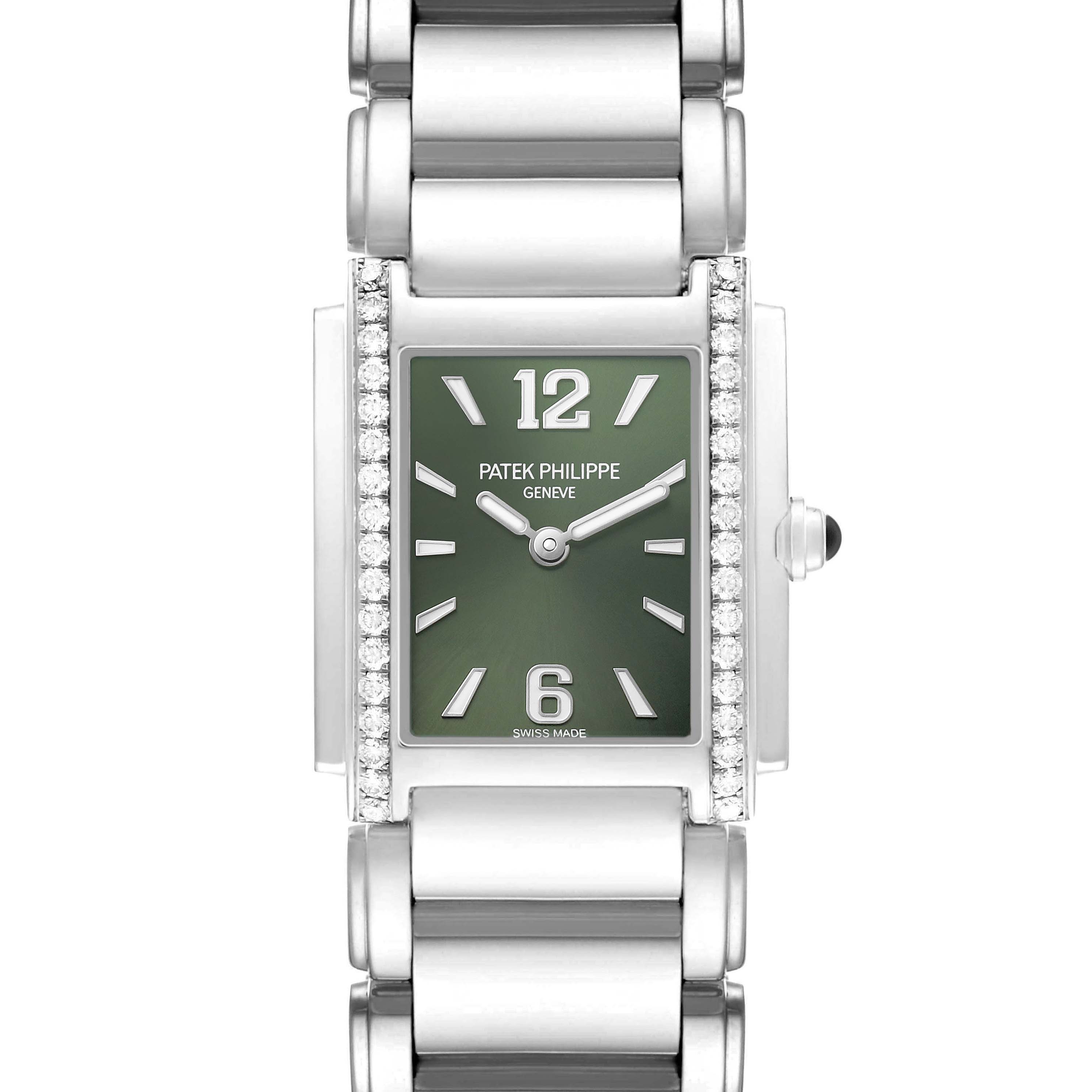 The Patek Philippe Twenty-4 4910A Women's Stainless Steel Green Dial watch is shown from a front view featuring its bracelet, rectangular dial, and diamond-set bezel.