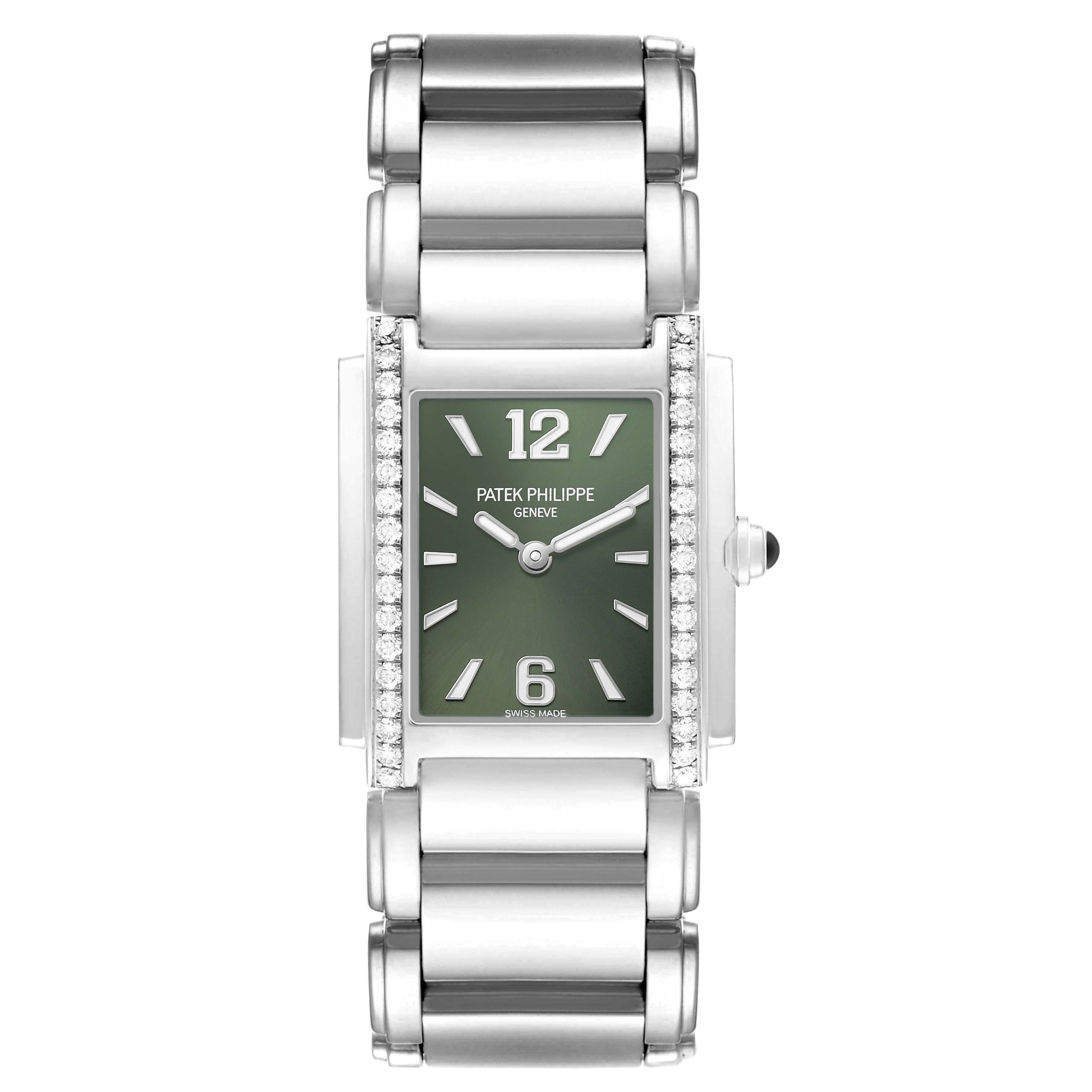 The Patek Philippe Twenty-4 4910A Women's Stainless Steel Green Dial watch is shown from a top-down angle, displaying its dial, bracelet, and diamond-encrusted bezel.