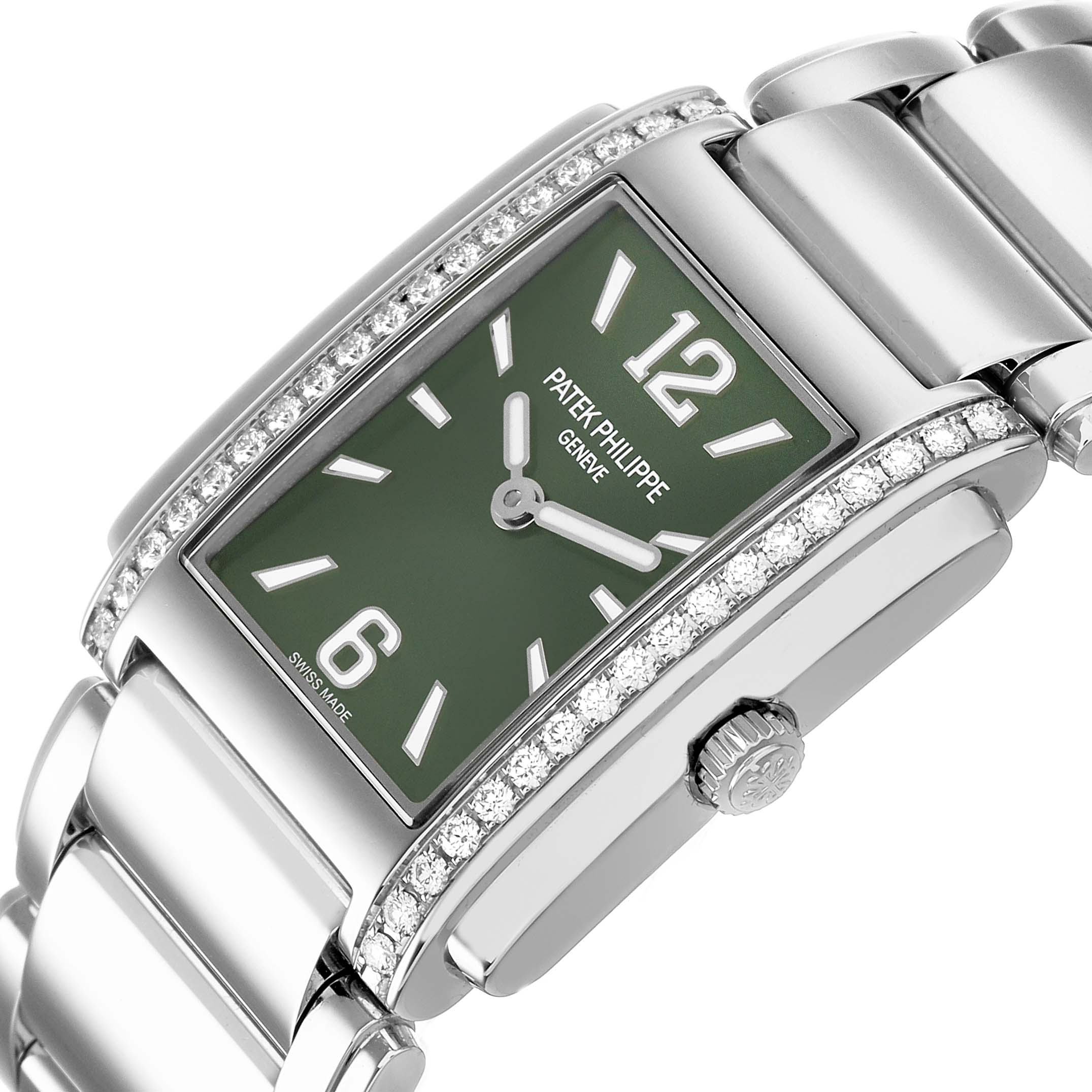 The image shows a Patek Philippe Twenty-4 4910A Women's Stainless Steel Green Dial watch at an angle highlighting its green dial, diamond bezel, and side crown.