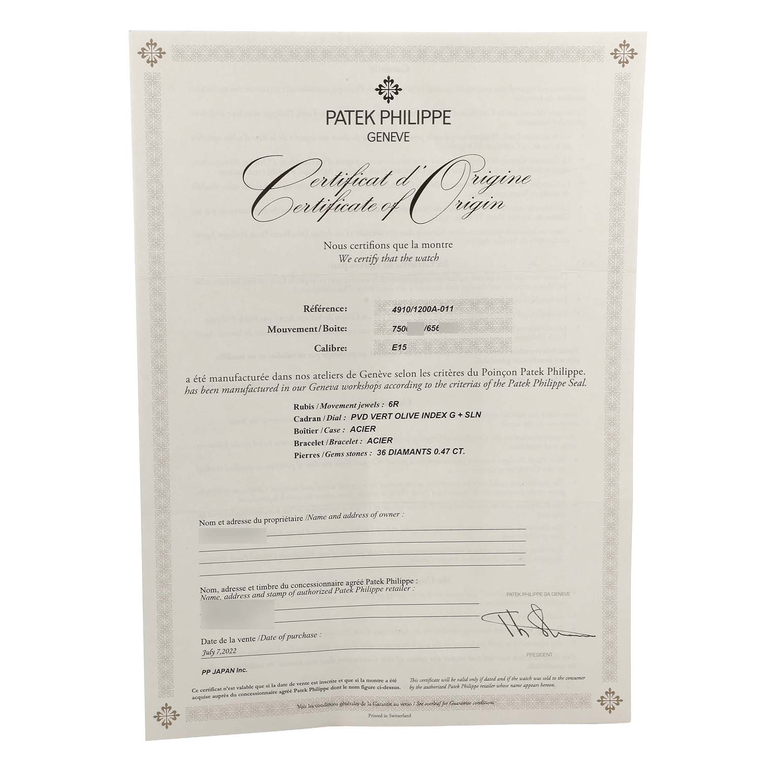This image shows the Certificate of Origin for a Patek Philippe Twenty-4 4910A Women's Stainless Steel Green Dial watch.