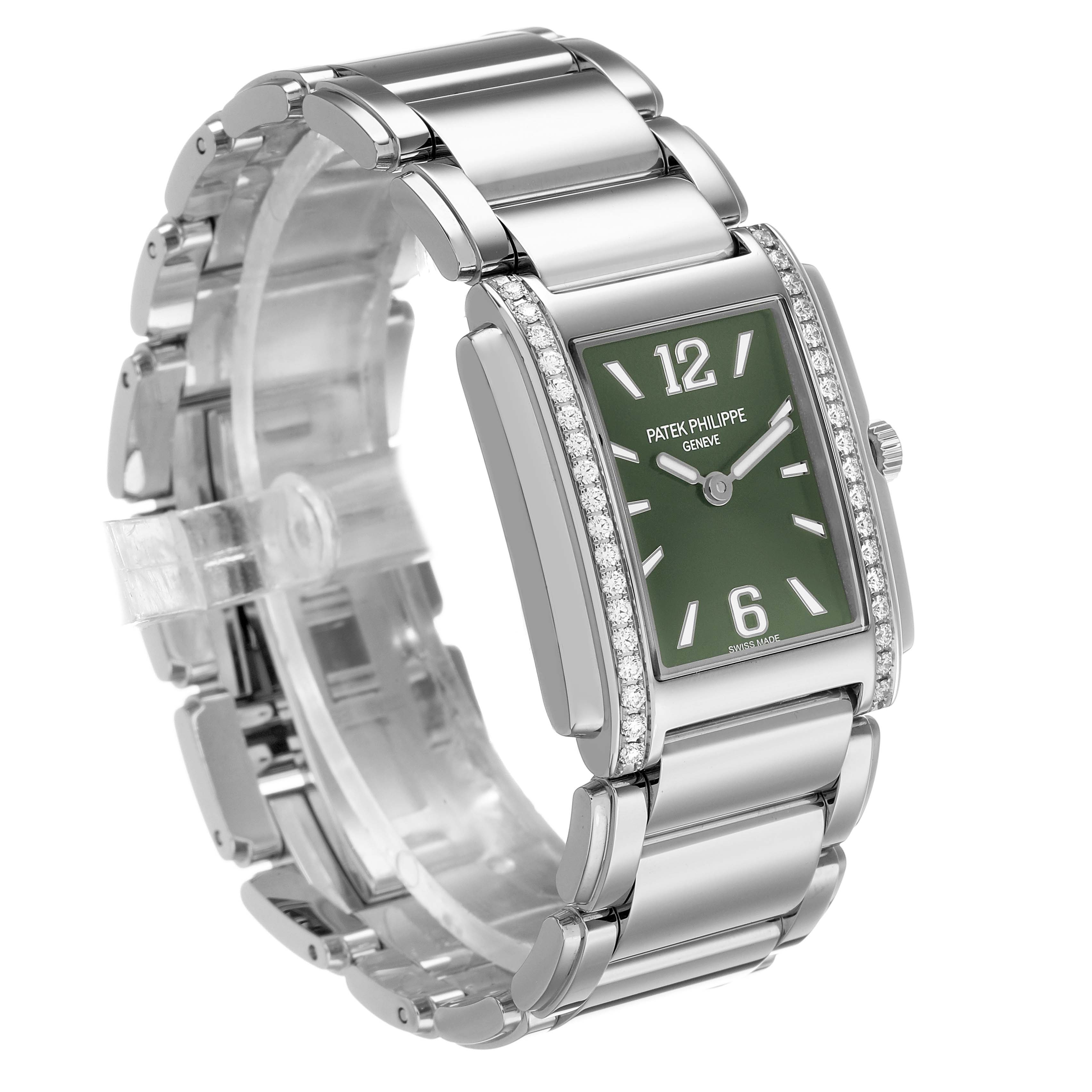 The Patek Philippe Twenty-4 4910A Women's Stainless Steel Green Dial watch is shown from a three-quarter angle, highlighting the dial, bracelet, and side profile.