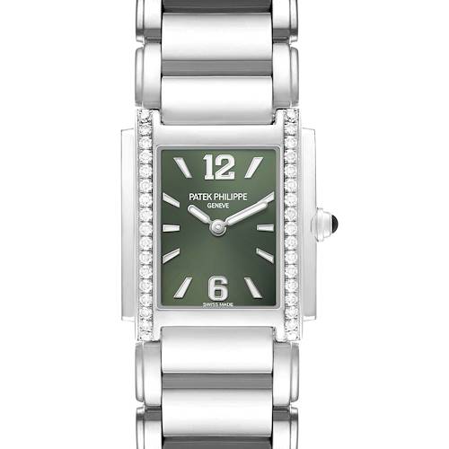 The Patek Philippe Twenty-4 4910A Women's Stainless Steel Green Dial watch is shown from a front view, highlighting the dial, bracelet, and diamond-accented bezel.