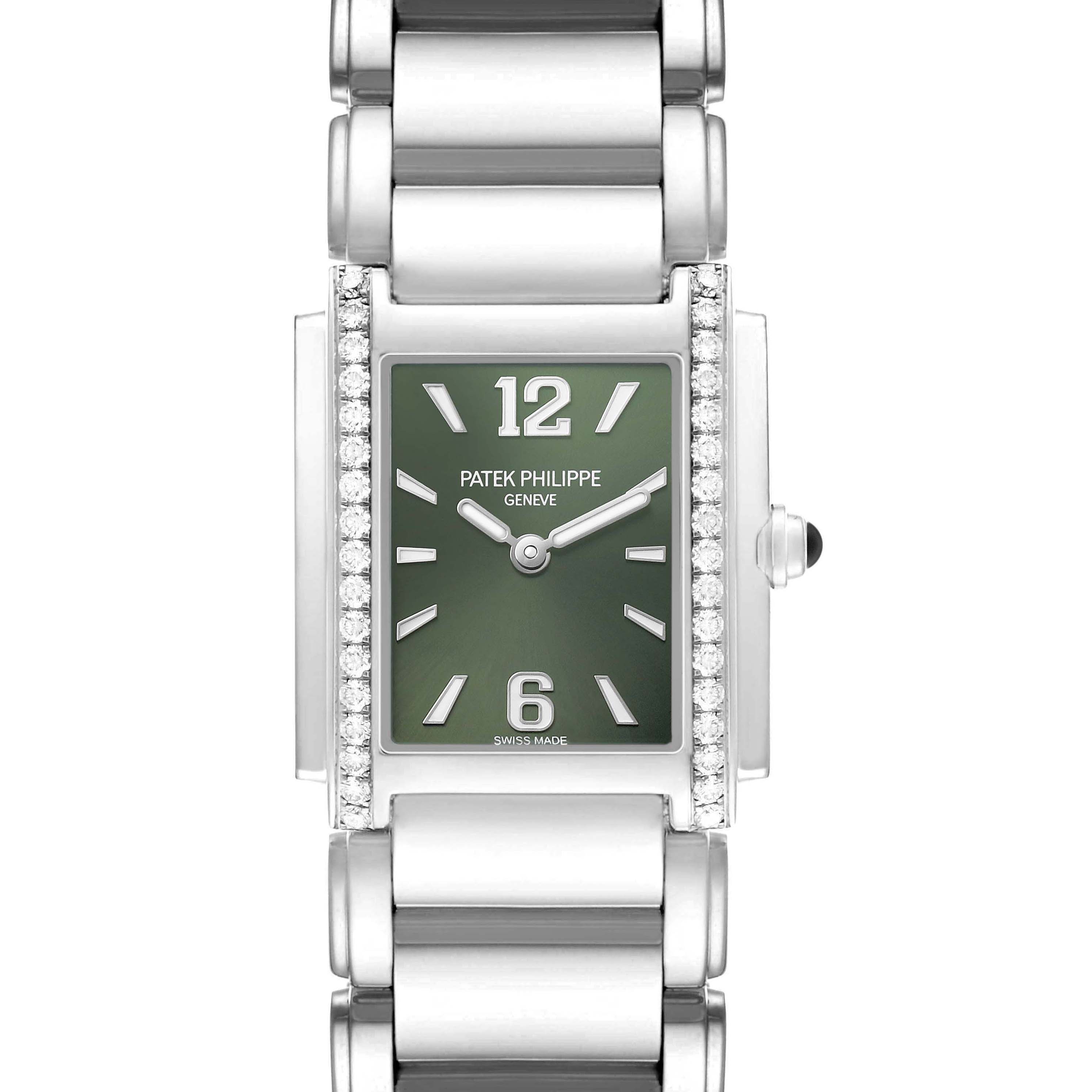 The Patek Philippe Twenty-4 4910A Women's Stainless Steel Green Dial watch is shown from a front angle, highlighting its green dial, diamond-set bezel, and metallic bracelet.