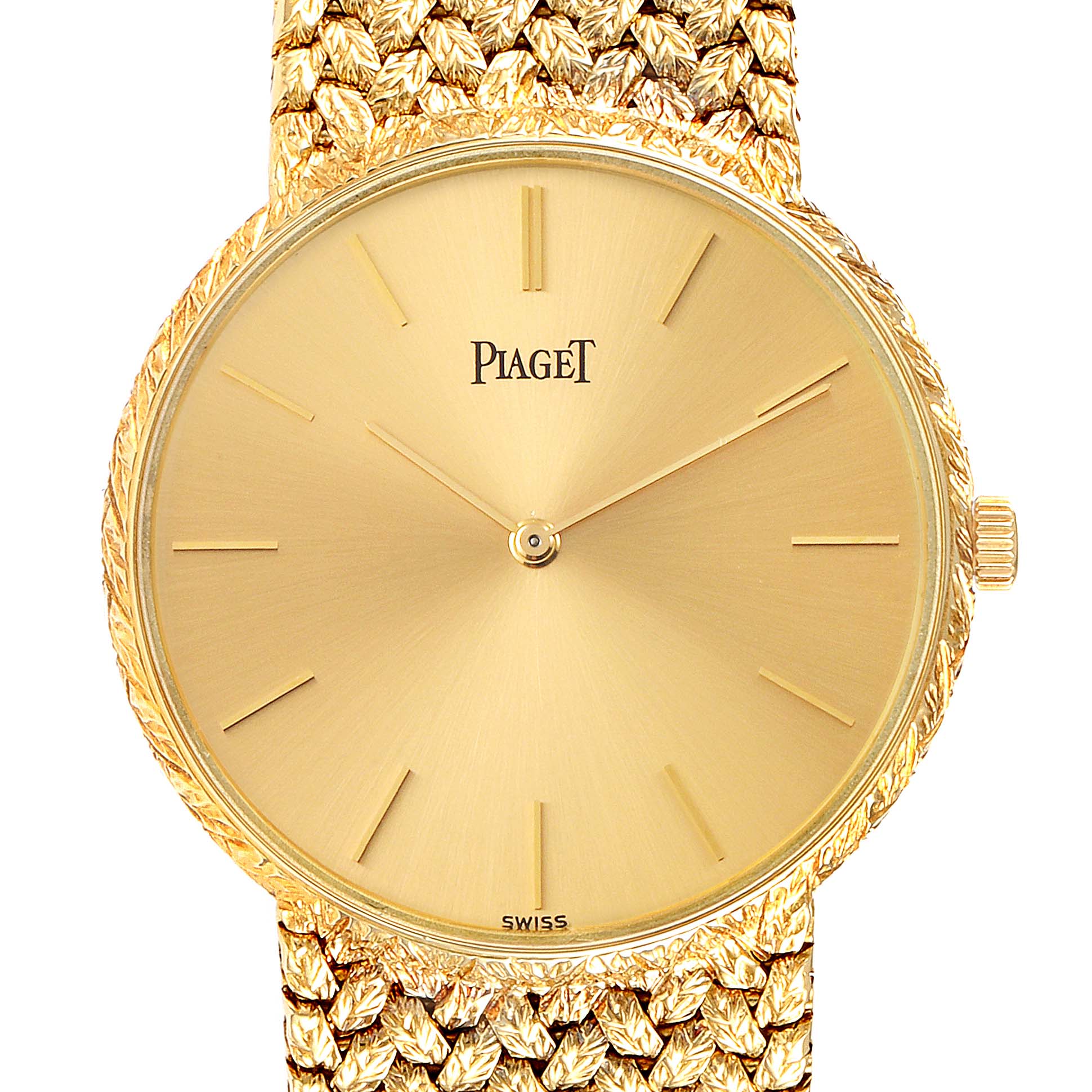 The image shows a frontal view of a Piaget 9065 ND 2 Men's Yellow Gold Champagne Dial 9065 ND 2 Men's Yellow Gold Champagne Dial 18k Yellow Gold Champagne Dial Vintage Men's Watch, model 9065.