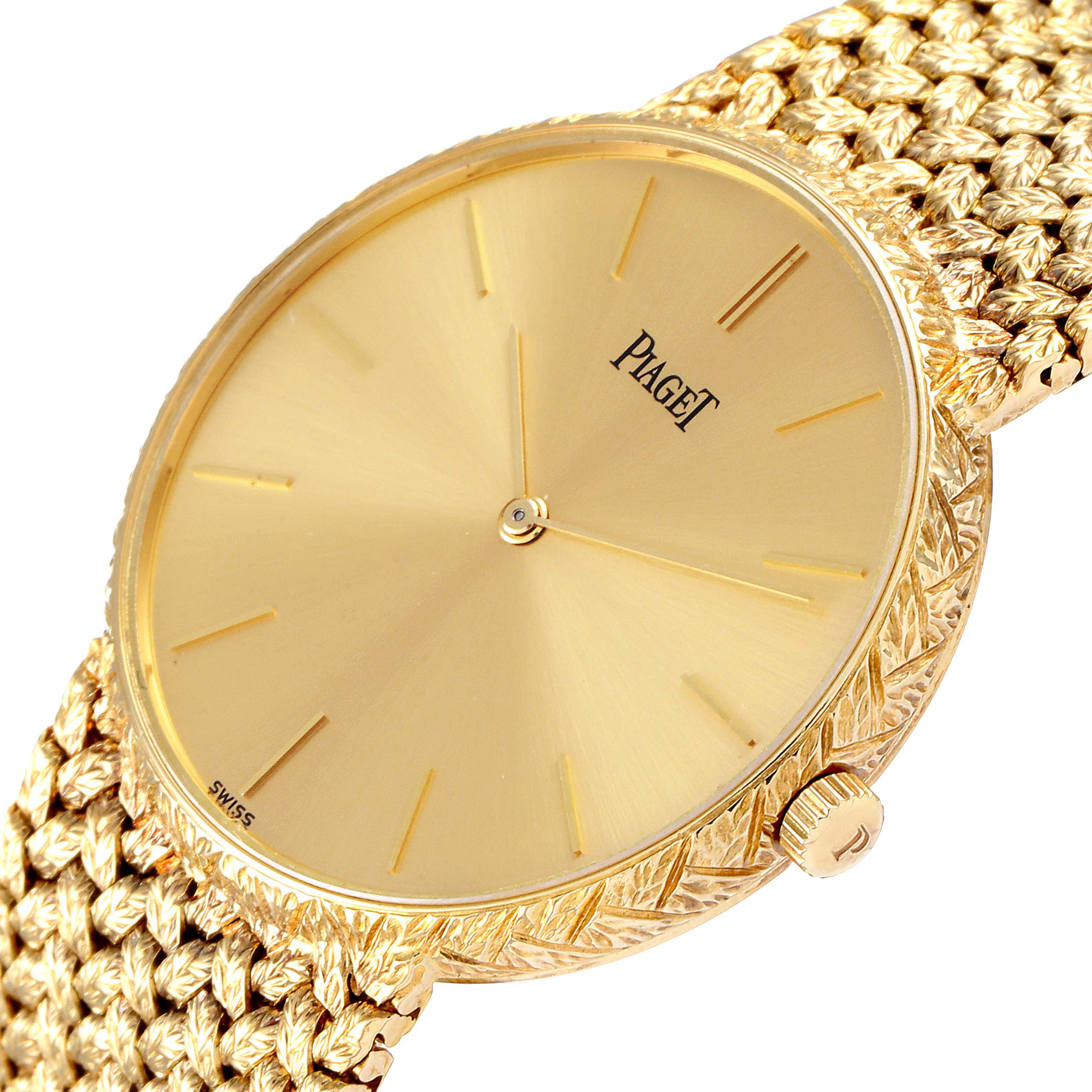 This image shows a close-up angle of the Piaget 9065 ND 2 Men's Yellow Gold Champagne Dial 9065 ND 2 Men's Yellow Gold Champagne Dial 9065 model 18k Yellow Gold Champagne Dial Vintage Men's Watch, highlighting the watch face, crown, and detailed band.