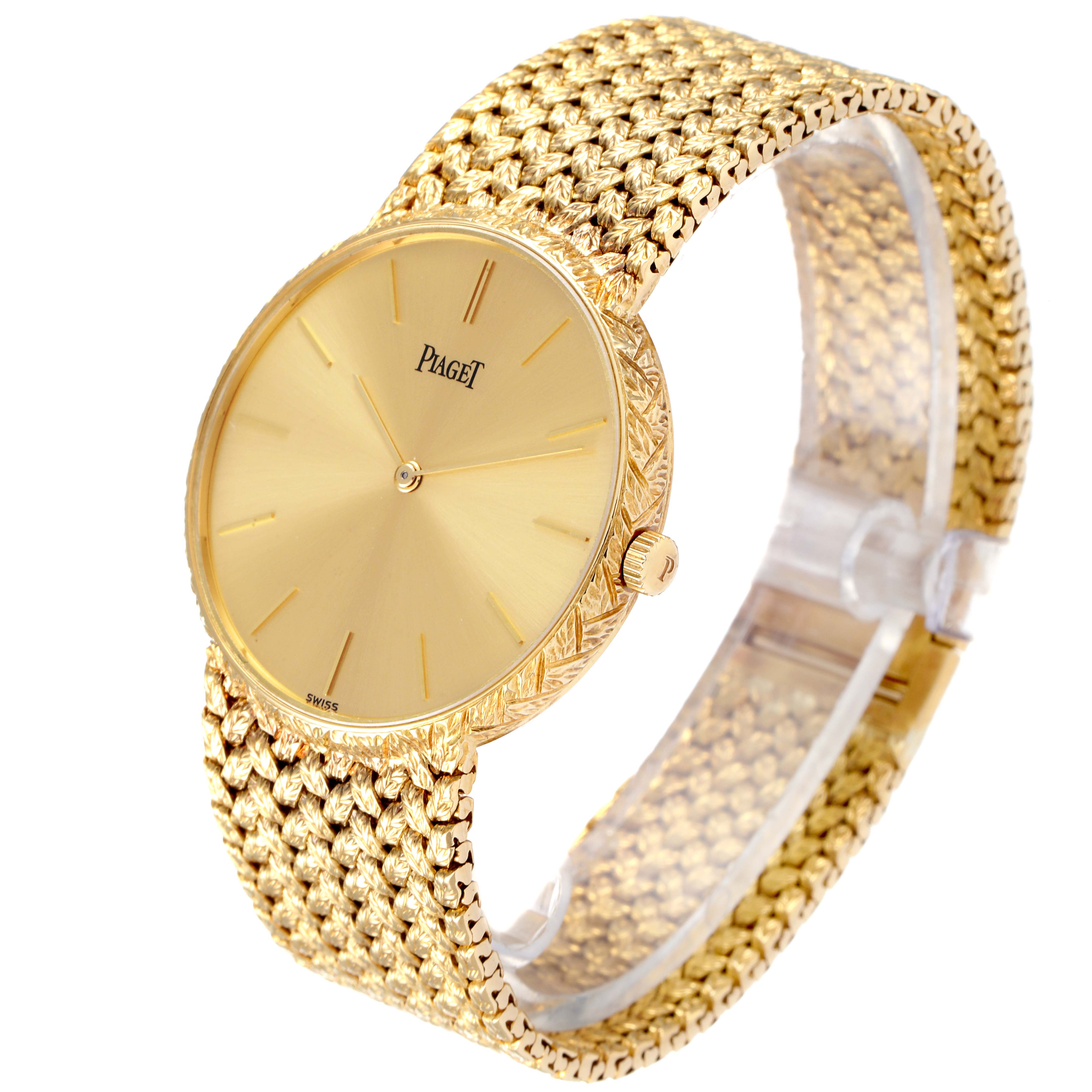 This is a side-angle view of the Piaget 9065 ND 2 Men's Yellow Gold Champagne Dial 9065 ND 2 Men's Yellow Gold Champagne Dial 9065, showcasing its 18k yellow gold case, champagne dial, and gold mesh bracelet.