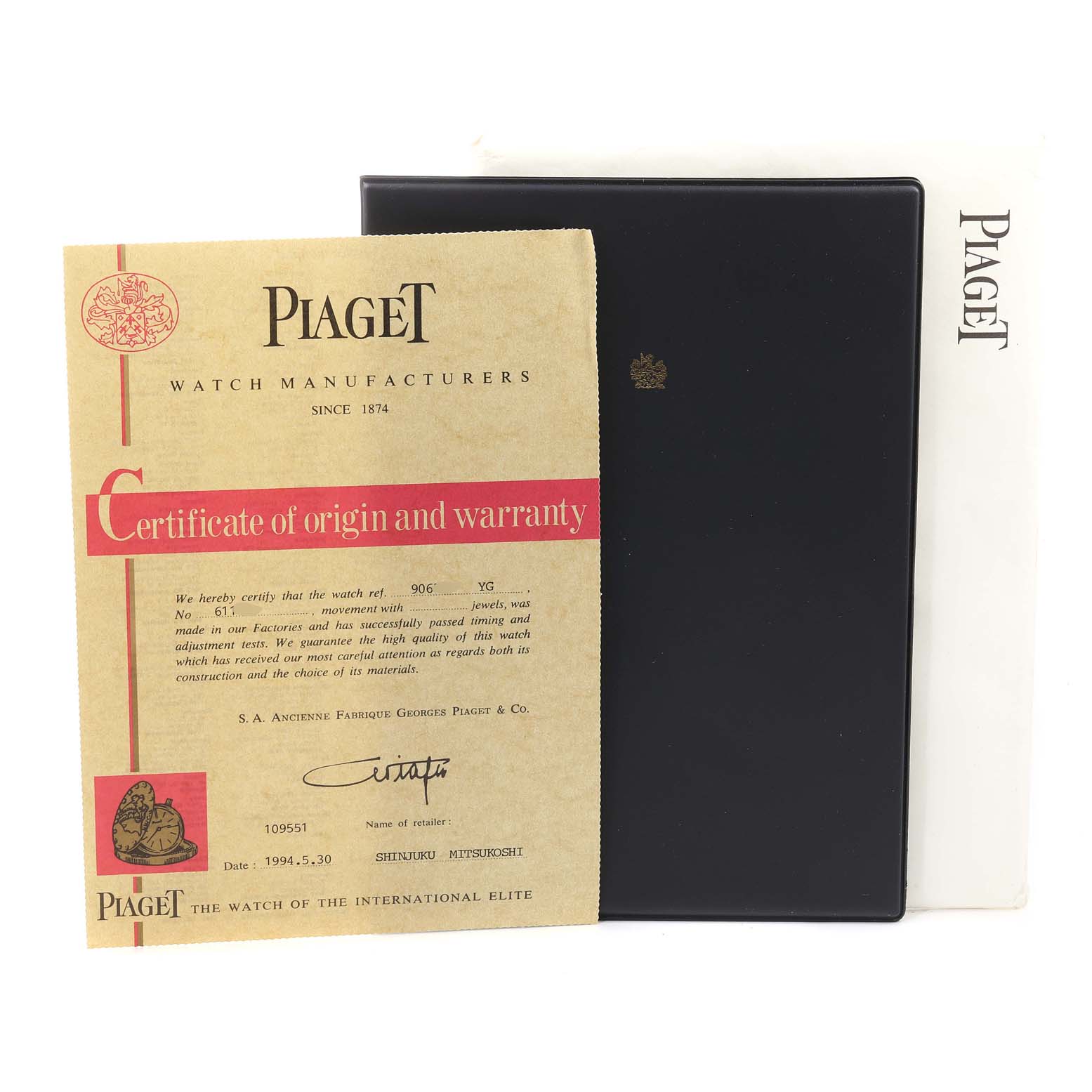 The image shows a Certificate of Origin and Warranty for the Piaget 9065 ND 2 Men's Yellow Gold Champagne Dial 9065 ND 2 Men's Yellow Gold Champagne Dial 9065 model, alongside a black case and white sleeve with the brand name.