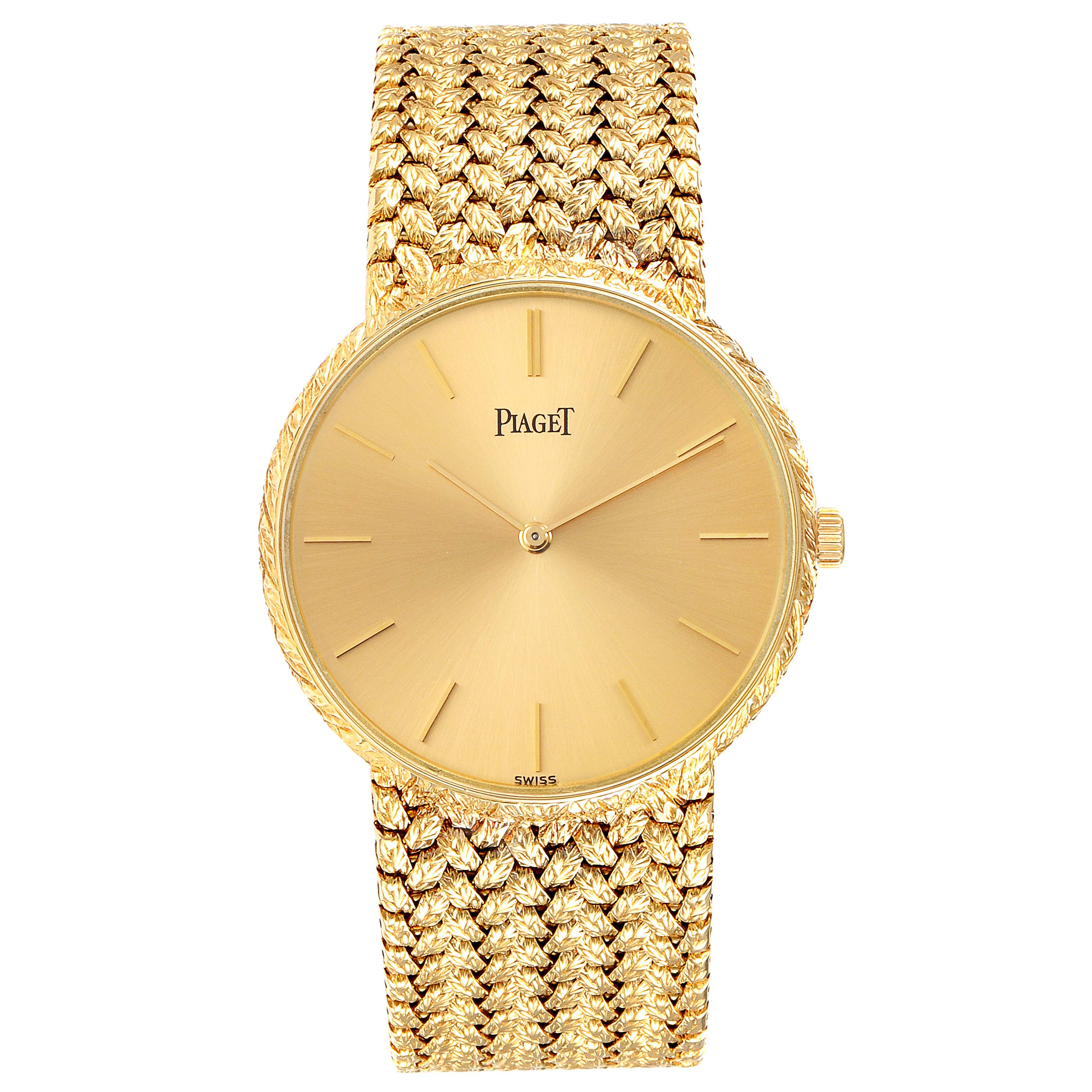 The image shows a front view of the Piaget 9065 ND 2 Men's Yellow Gold Champagne Dial 9065 ND 2 Men's Yellow Gold Champagne Dial 9065 model, an 18k yellow gold vintage men's watch with a champagne dial and textured bracelet.