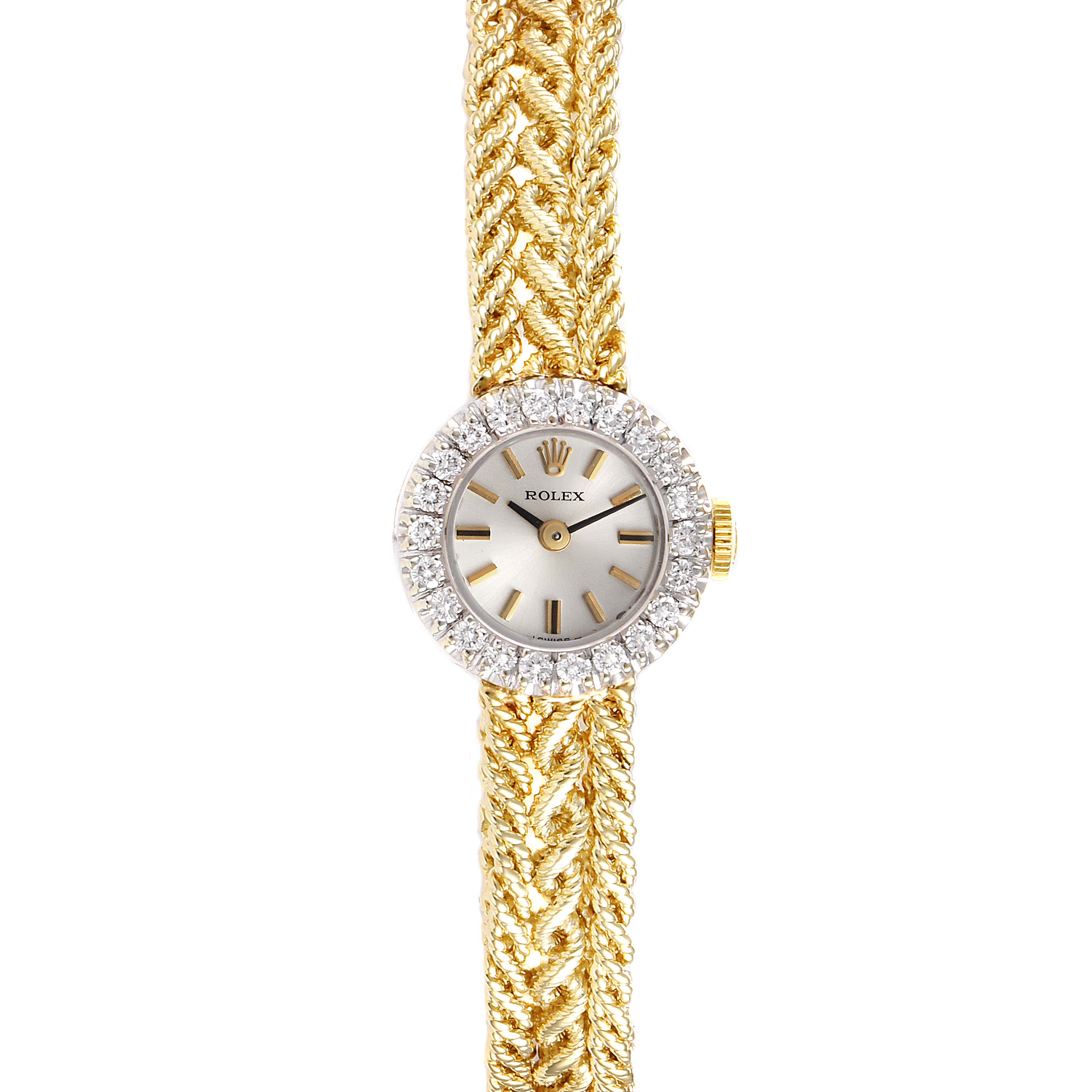 The image shows a top view of a Rolex Cocktail 32369 Women's Yellow Gold Silver Dial 32369 Women's Yellow Gold Silver Dial model watch with a gold woven bracelet and a diamond-studded bezel.