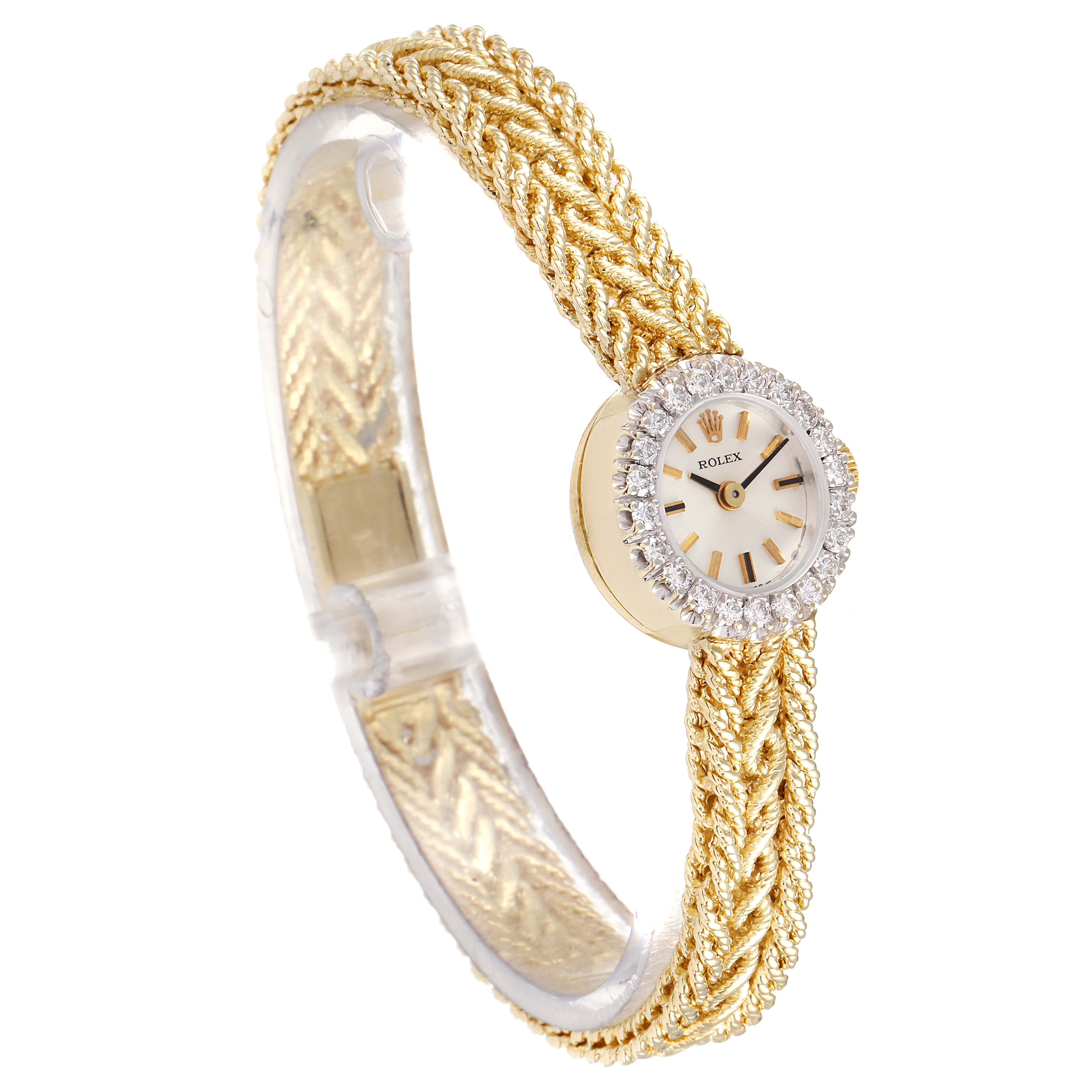 The image shows a Rolex Cocktail 32369 Women's Yellow Gold Silver Dial 32369 Women's Yellow Gold Silver Dial model watch at a slight angle, highlighting its gold braided strap and diamond-studded bezel.