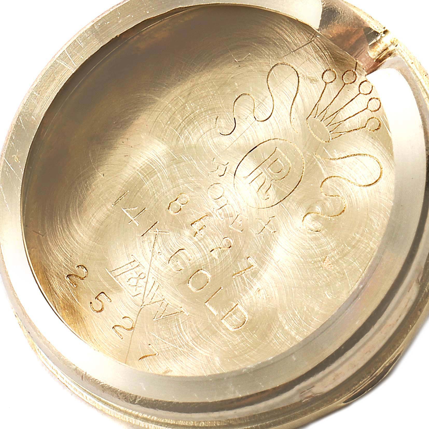The image shows the inside case back of a Rolex Cocktail 32369 Women's Yellow Gold Silver Dial 32369 Women's Yellow Gold Silver Dial model watch, including engraved details and branding.