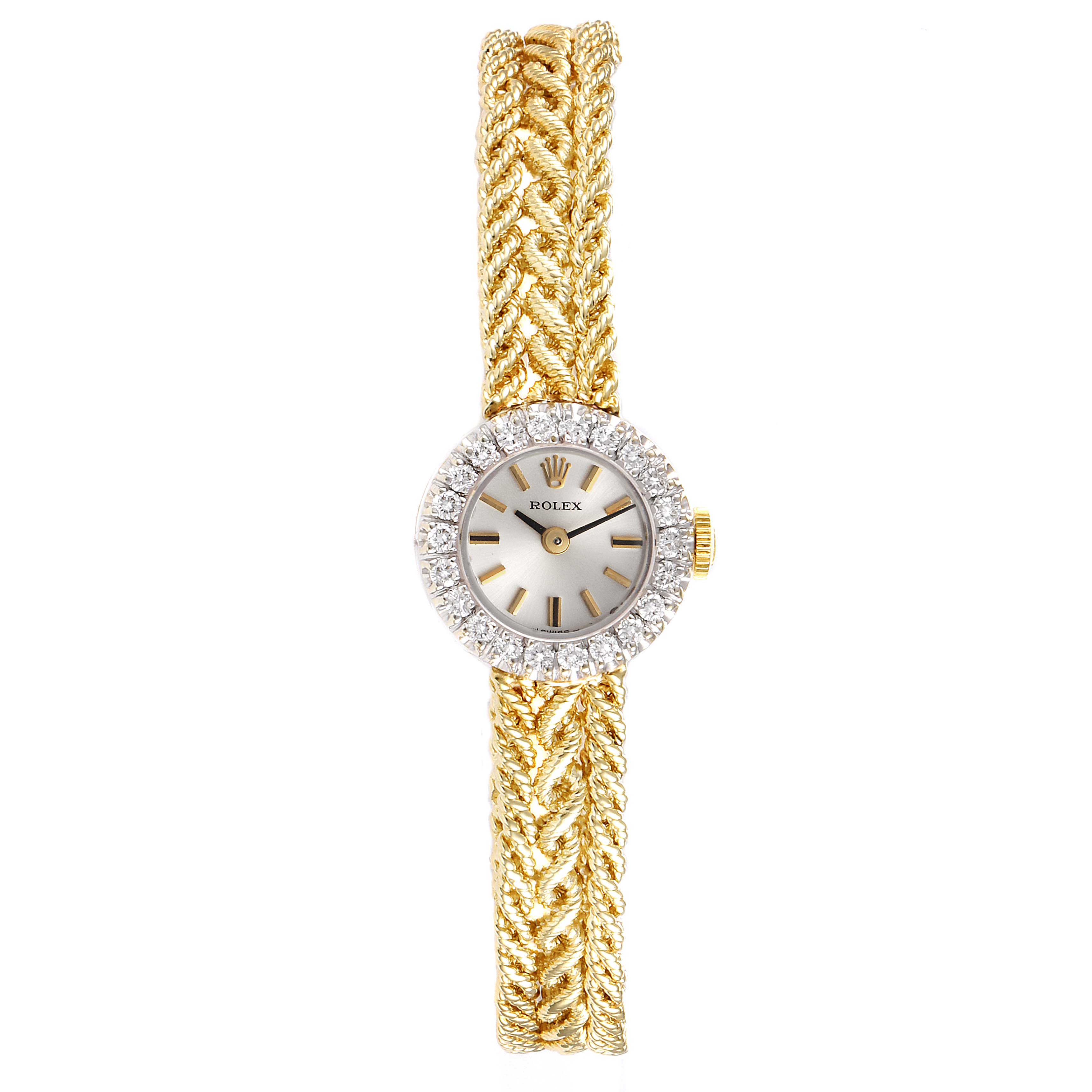The Rolex Cocktail 32369 Women's Yellow Gold Silver Dial 32369 Women's Yellow Gold Silver Dial watch is shown from a top-down angle, displaying its gold braided band and diamond-accented round face.
