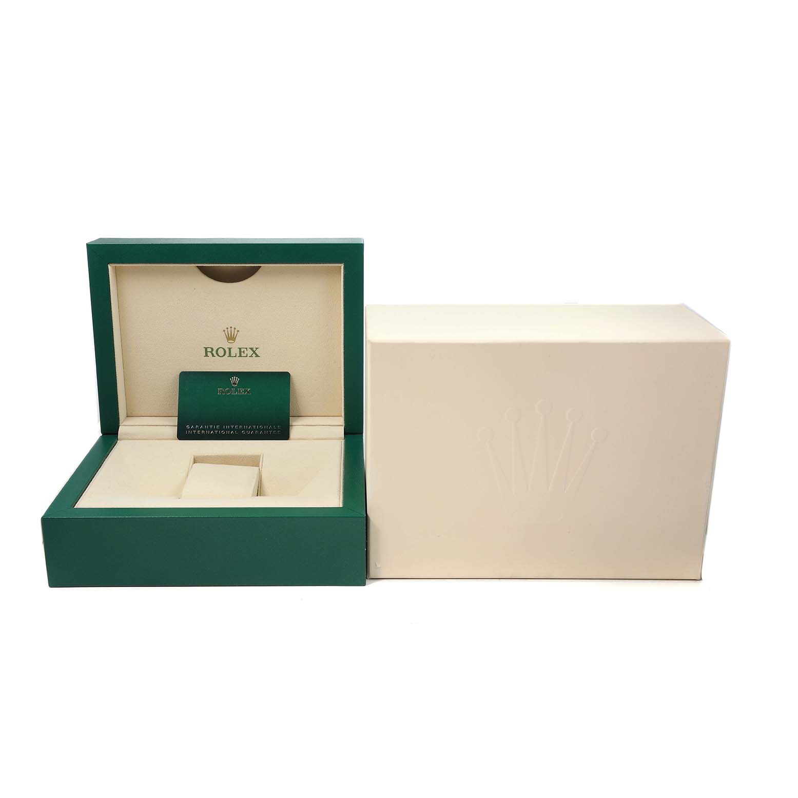 The image shows the open box and outer packaging for the Rolex 1908 52506 Men's Platinum Blue Dial model, featuring the brand's logo.