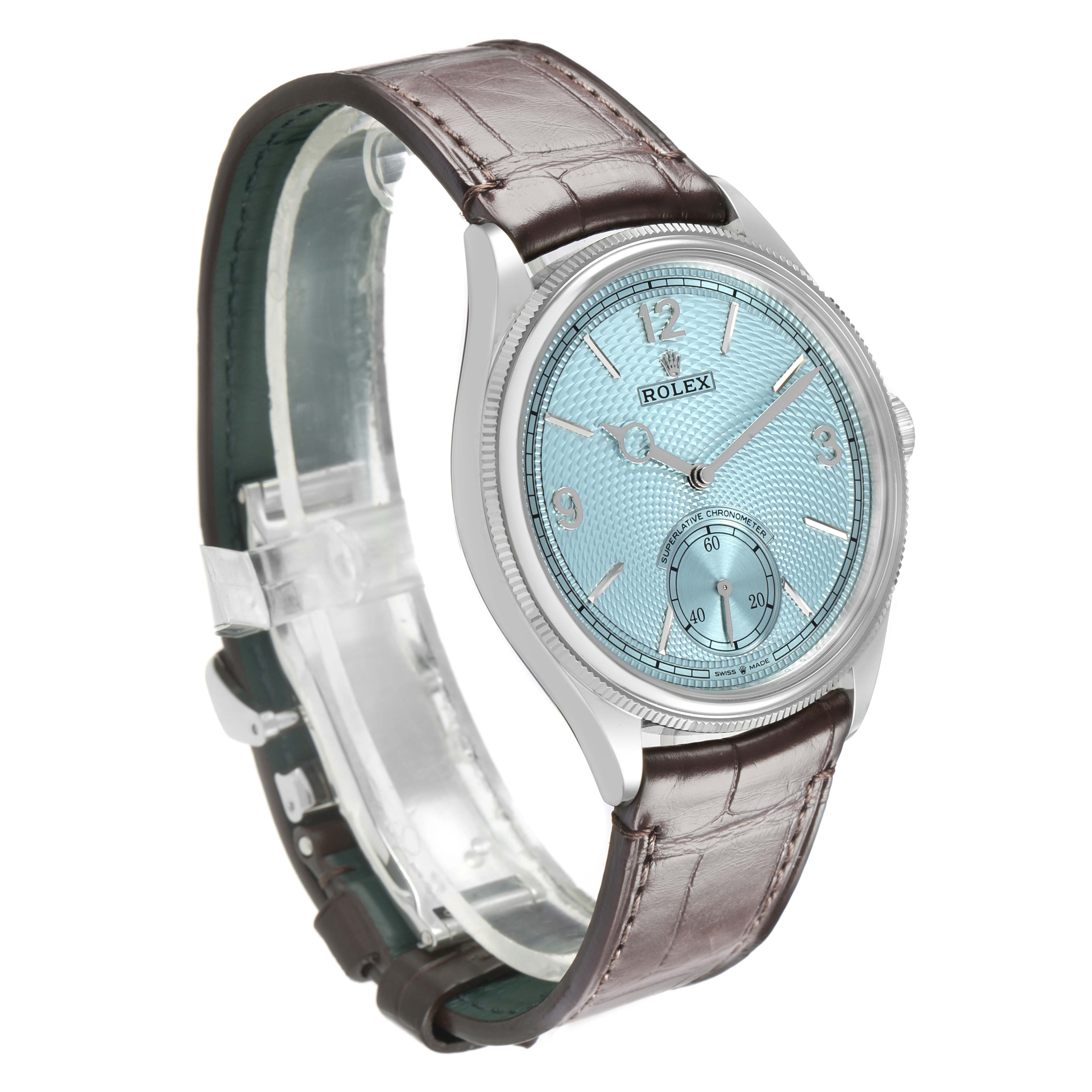 The Rolex 1908 52506 Men's Platinum Blue Dial model is shown at a three-quarter angle, displaying its blue textured dial, numerals, hands, and leather strap.
