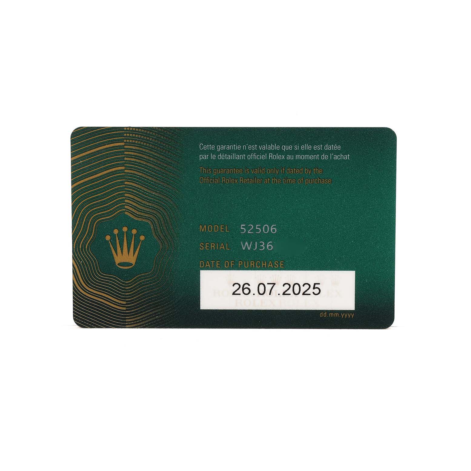 This image shows the guarantee card for the Rolex 1908 52506 Men's Platinum Blue Dial model, featuring model, serial, and purchase date information.