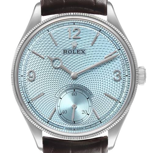 The image shows the face of the Rolex 1908 52506 Men's Platinum Blue Dial model watch with a textured dial, numerals, hands, and crown in a front view.