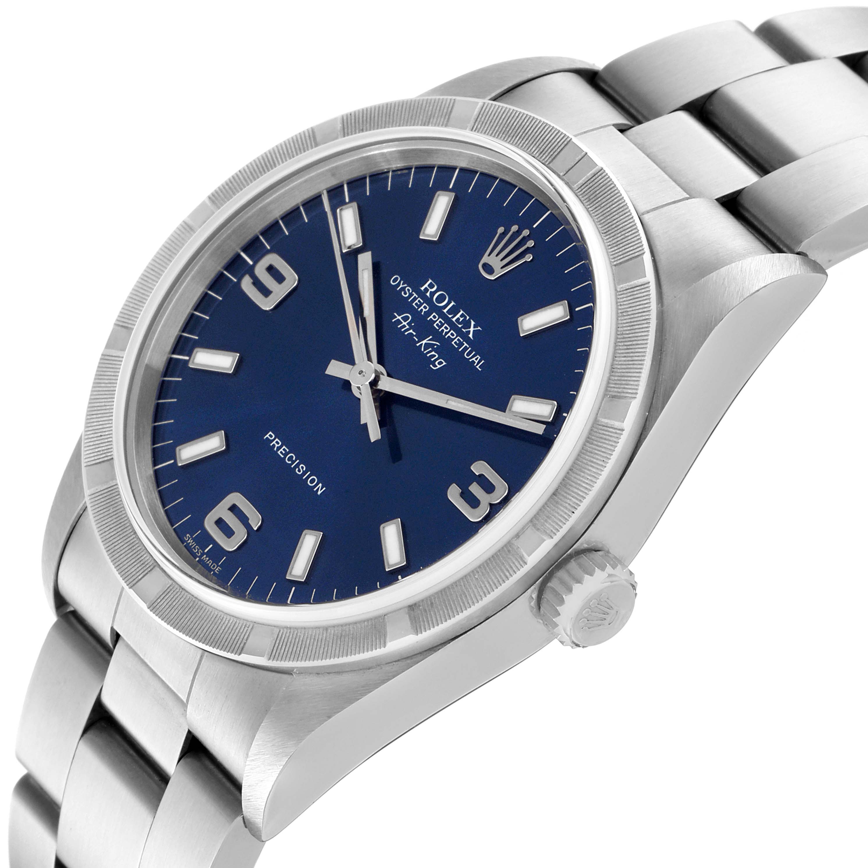 The Rolex Air-King 14010 Men's Stainless Steel Blue Dial 14010 Men's Stainless Steel Blue Dial watch is shown at an angled side view, highlighting the blue dial, bezel, and part of the bracelet.
