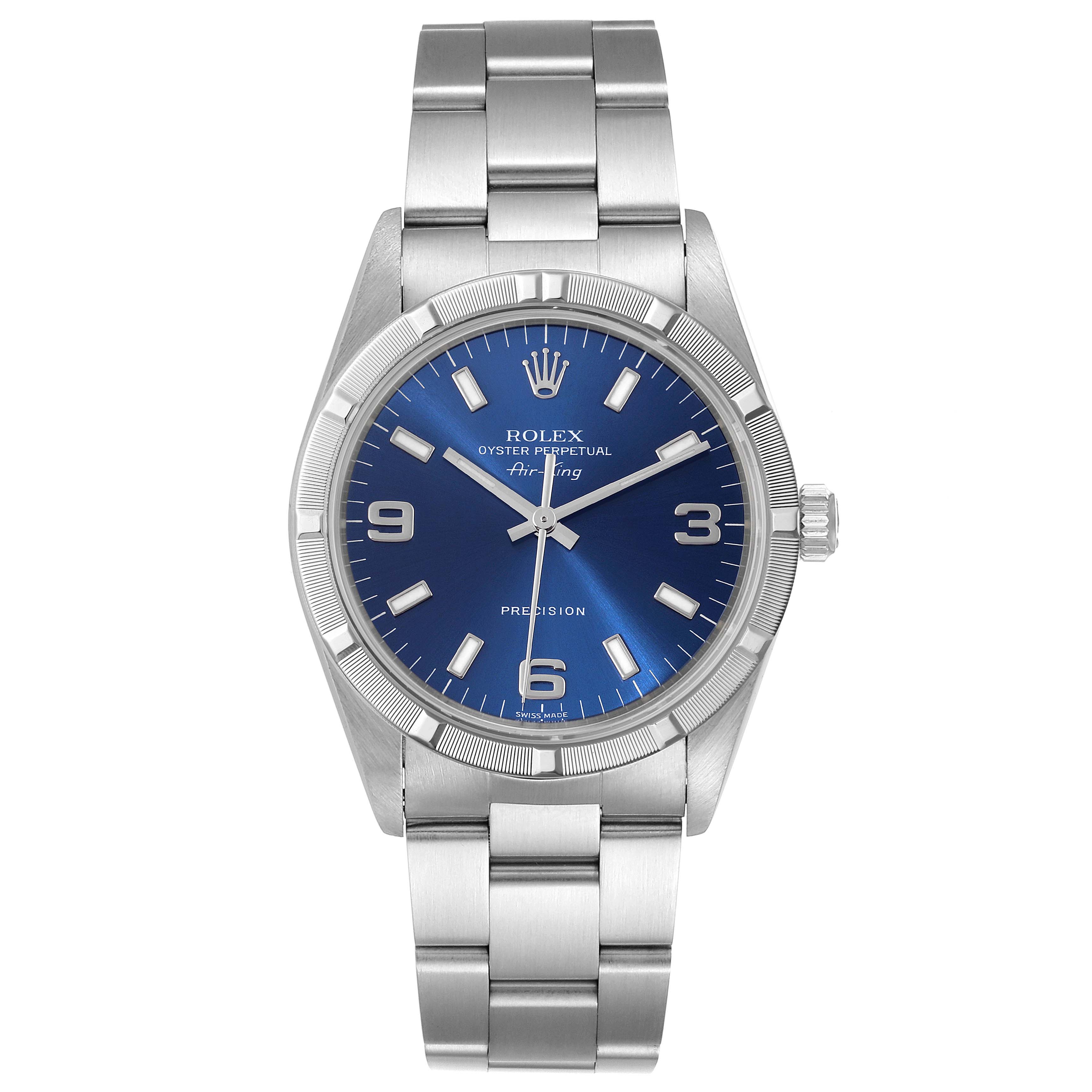 This image shows a front view of the Rolex Air-King 14010 Men's Stainless Steel Blue Dial 14010 Men's Stainless Steel Blue Dial watch, displaying its blue dial, silver markers, and Oyster bracelet.