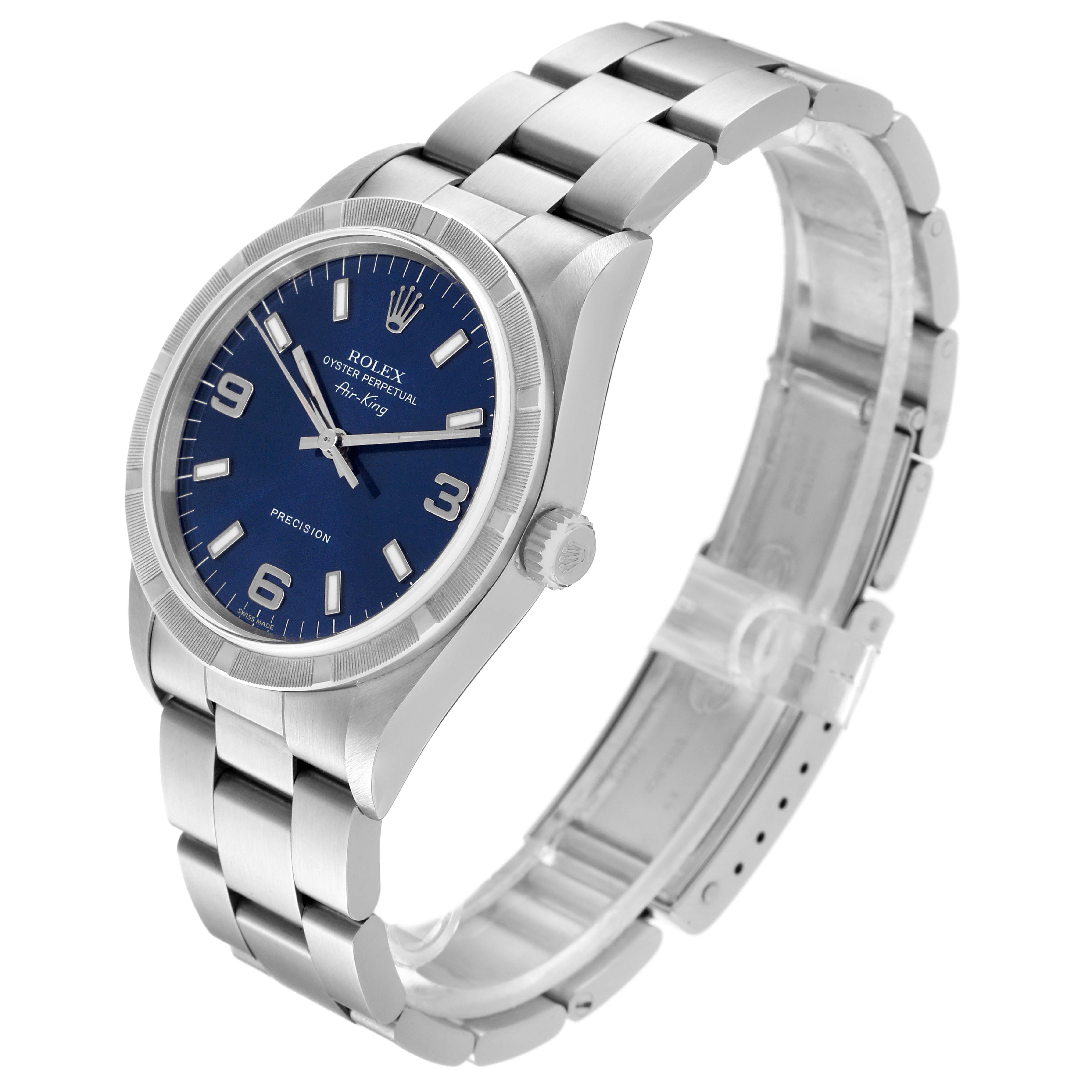 This image shows a Rolex Air-King 14010 Men's Stainless Steel Blue Dial 14010 Men's Stainless Steel Blue Dial watch at a three-quarter angle displaying the face, bezel, crown, and bracelet.