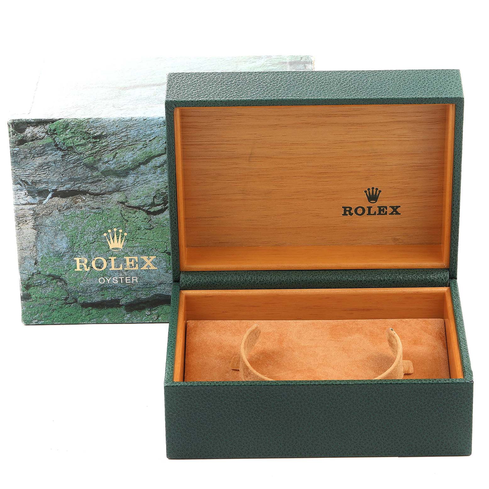 This image shows an empty Rolex Air-King 14010 Men's Stainless Steel Blue Dial 14010 Men's Stainless Steel Blue Dial watch box, including the outer green box and inner cushioned leather display.