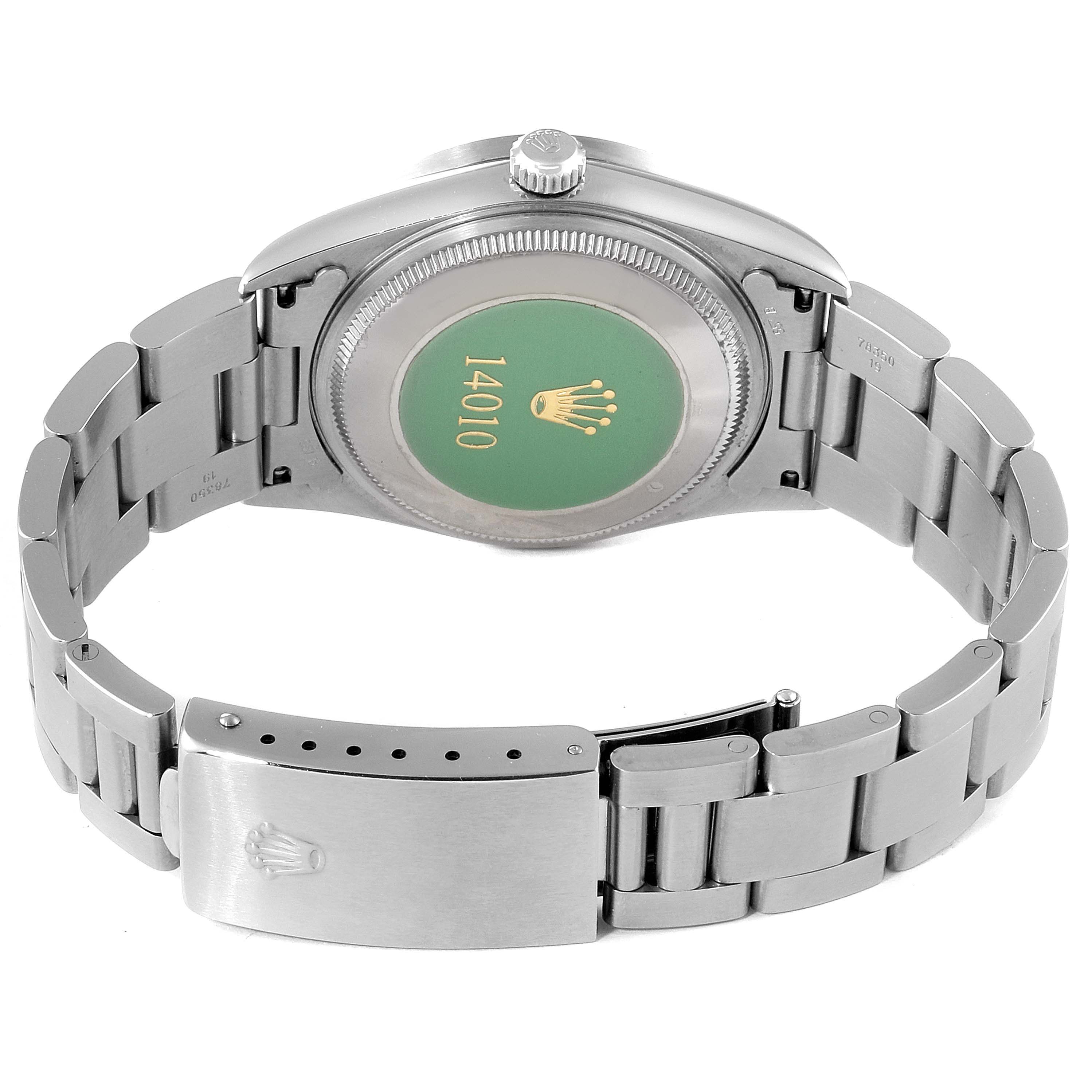 This image shows the back case and bracelet clasp of a Rolex Air-King 14010 Men's Stainless Steel Blue Dial 14010 Men's Stainless Steel Blue Dial watch from a rear angle.