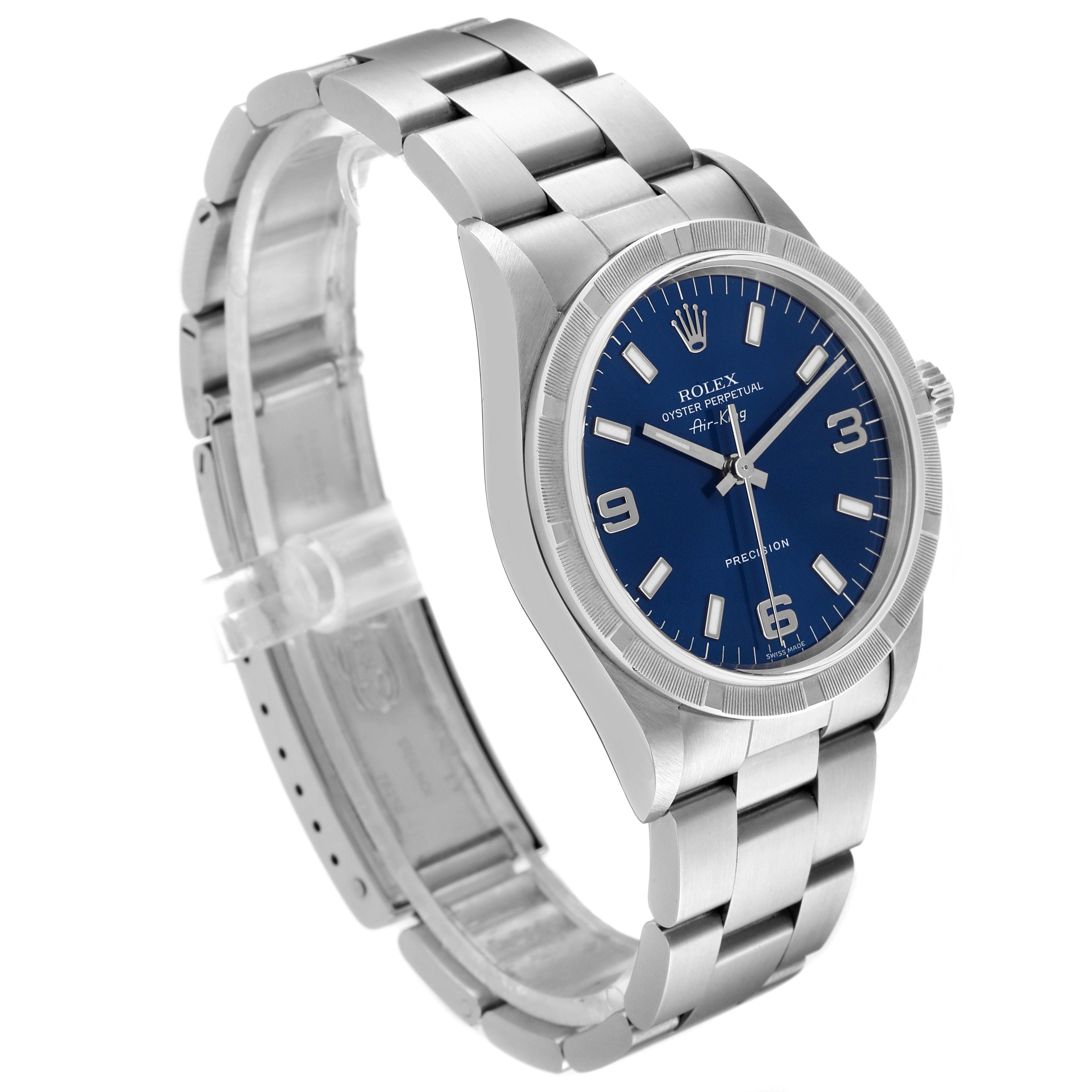 The Rolex Air-King 14010 Men's Stainless Steel Blue Dial 14010 Men's Stainless Steel Blue Dial watch is shown at a slight angle, displaying the face, bezel, and bracelet.