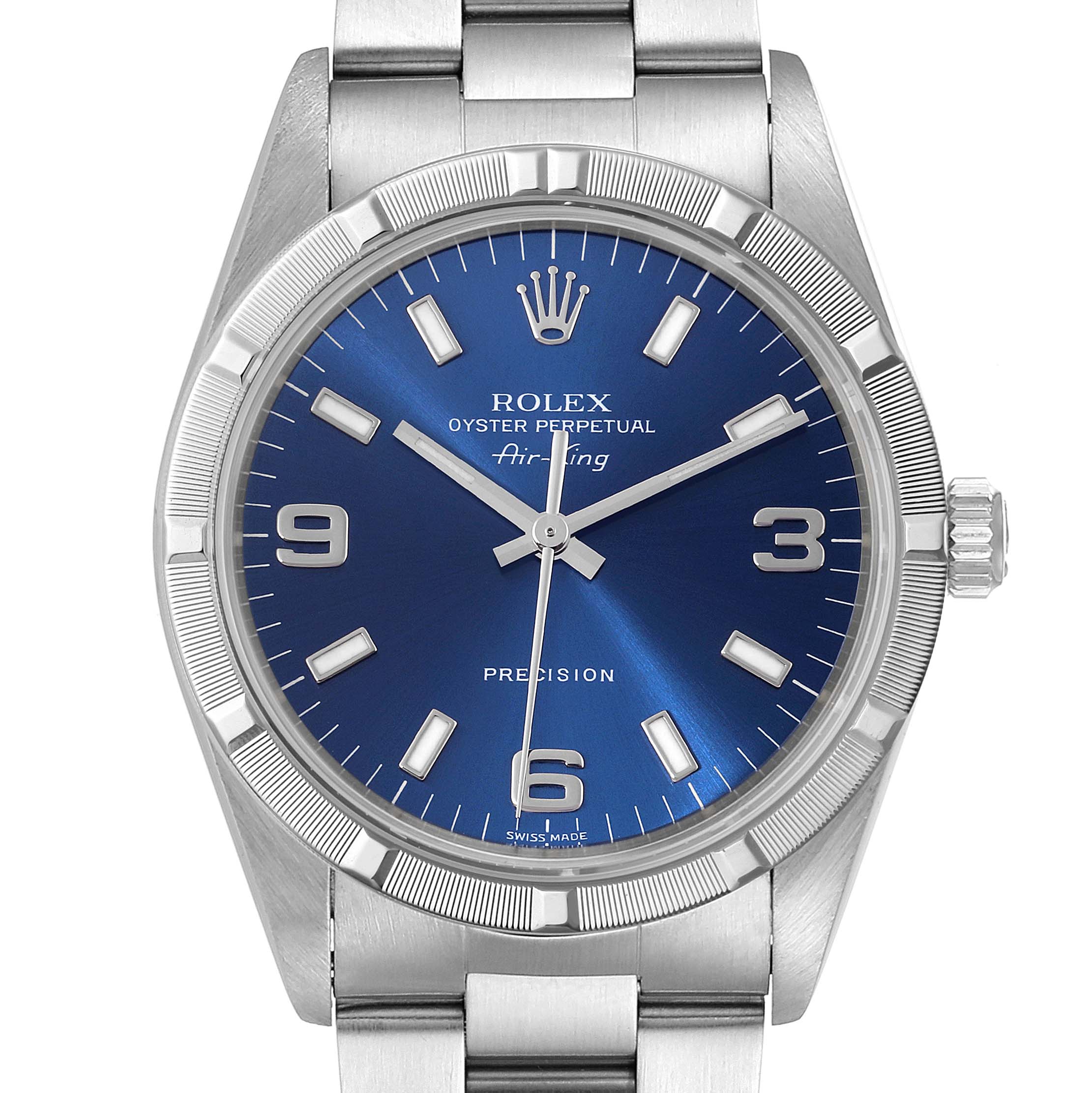 The image shows a front view of a Rolex Air-King 14010 Men's Stainless Steel Blue Dial 14010 Men's Stainless Steel Blue Dial watch, displaying its blue dial, bezel, crown, and metal bracelet.