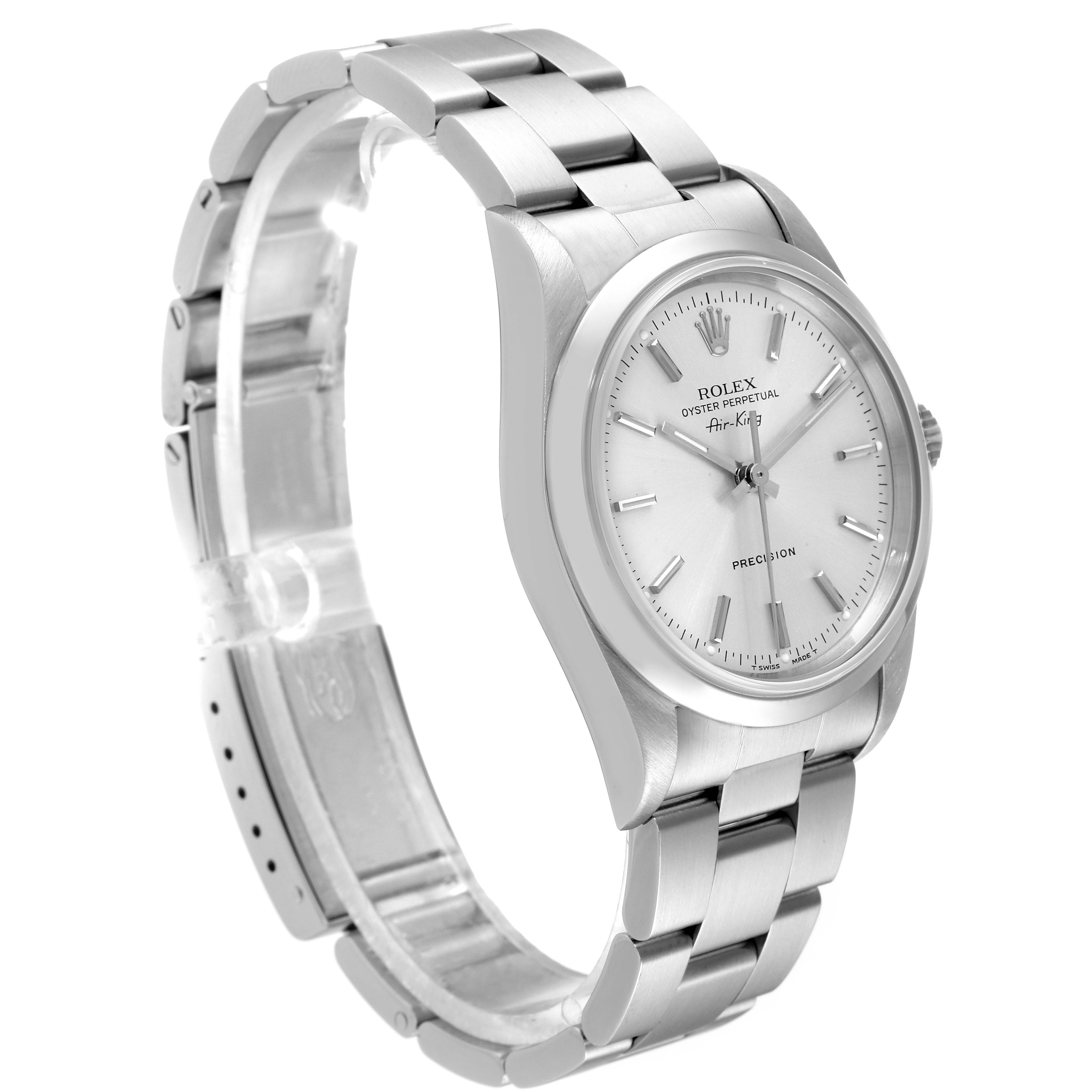 This image shows a Rolex Air-King 14000 Men's Stainless Steel Silver Dial 14000 Men's Stainless Steel Silver Dial watch at an angled side view, highlighting its silver bracelet and face.