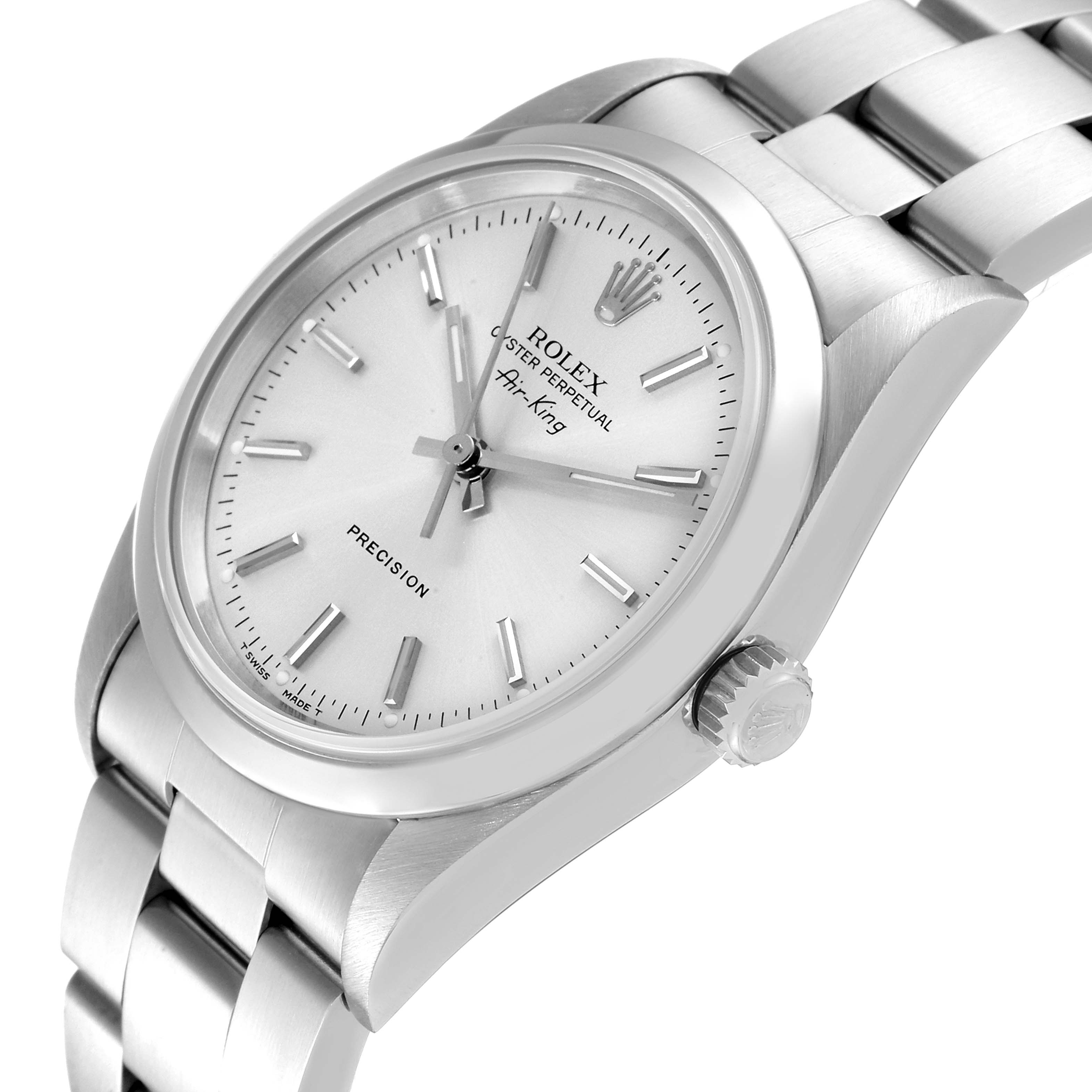 The image shows a side angle of the Rolex Air-King 14000 Men's Stainless Steel Silver Dial 14000 Men's Stainless Steel Silver Dial watch, highlighting the face, crown, and part of the bracelet.