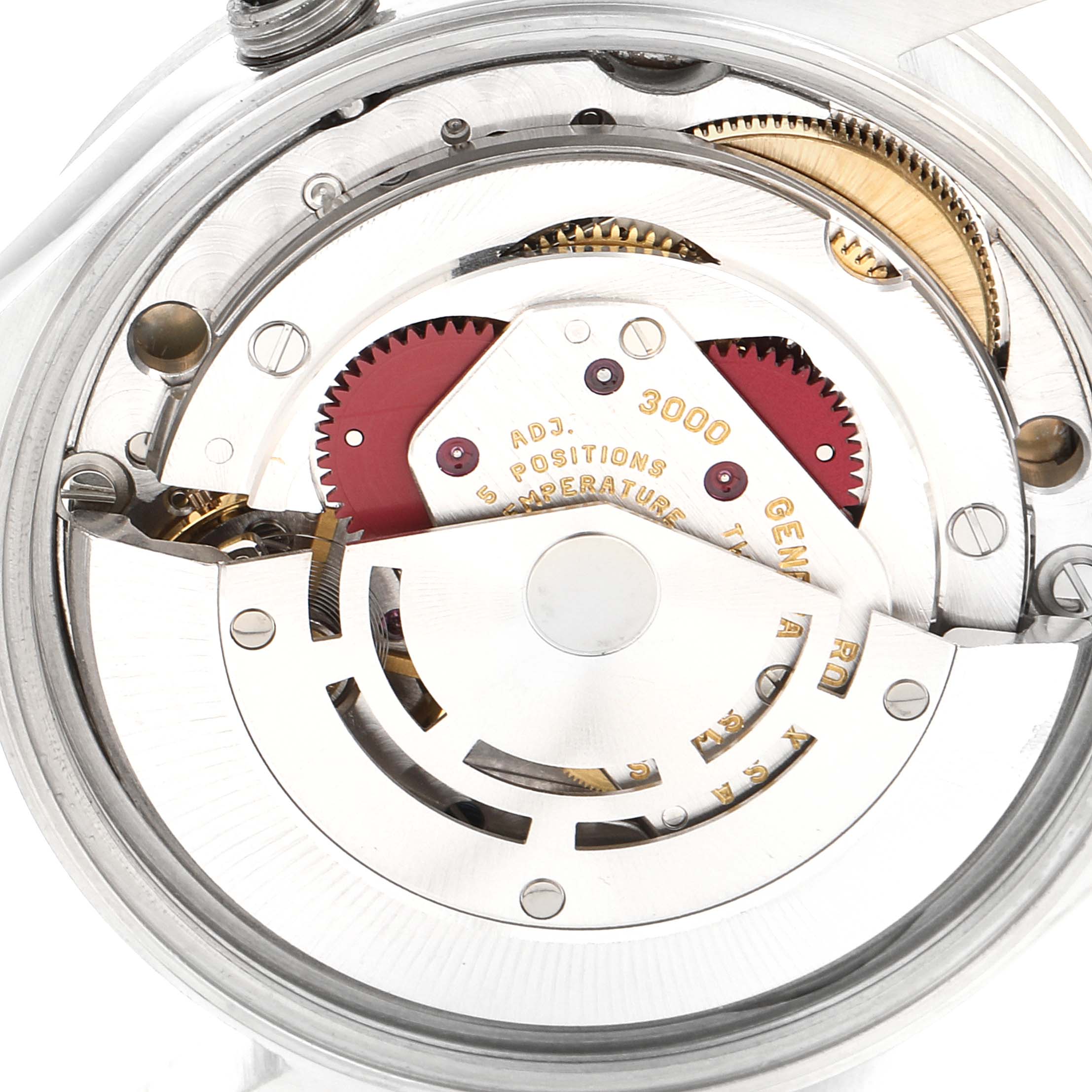 This image shows the internal mechanism of the Rolex Air-King 14000 Men's Stainless Steel Silver Dial 14000 Men's Stainless Steel Silver Dial watch from a top-down view.