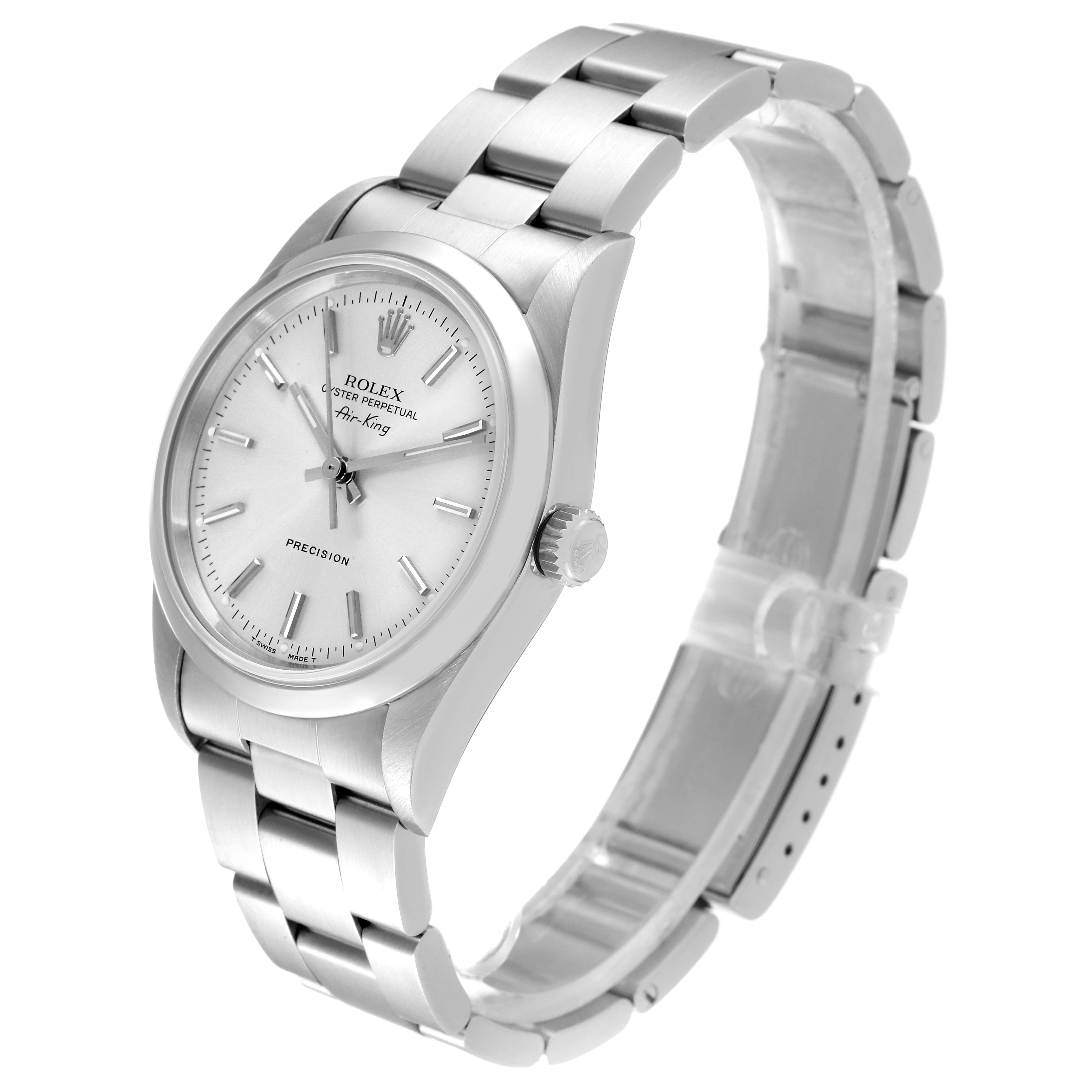 The image shows a Rolex Air-King 14000 Men's Stainless Steel Silver Dial 14000 Men's Stainless Steel Silver Dial watch at a three-quarter angle, highlighting its silver dial, crown, and bracelet.