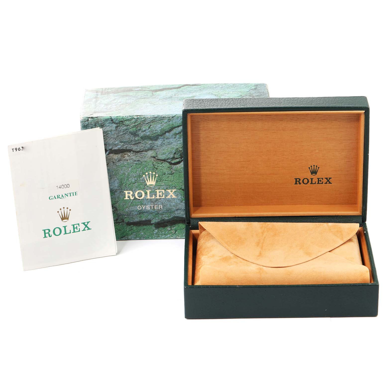 The image shows the packaging, warranty papers, and empty box of a Rolex Air-King 14000 Men's Stainless Steel Silver Dial 14000 Men's Stainless Steel Silver Dial watch from a three-quarters angle.