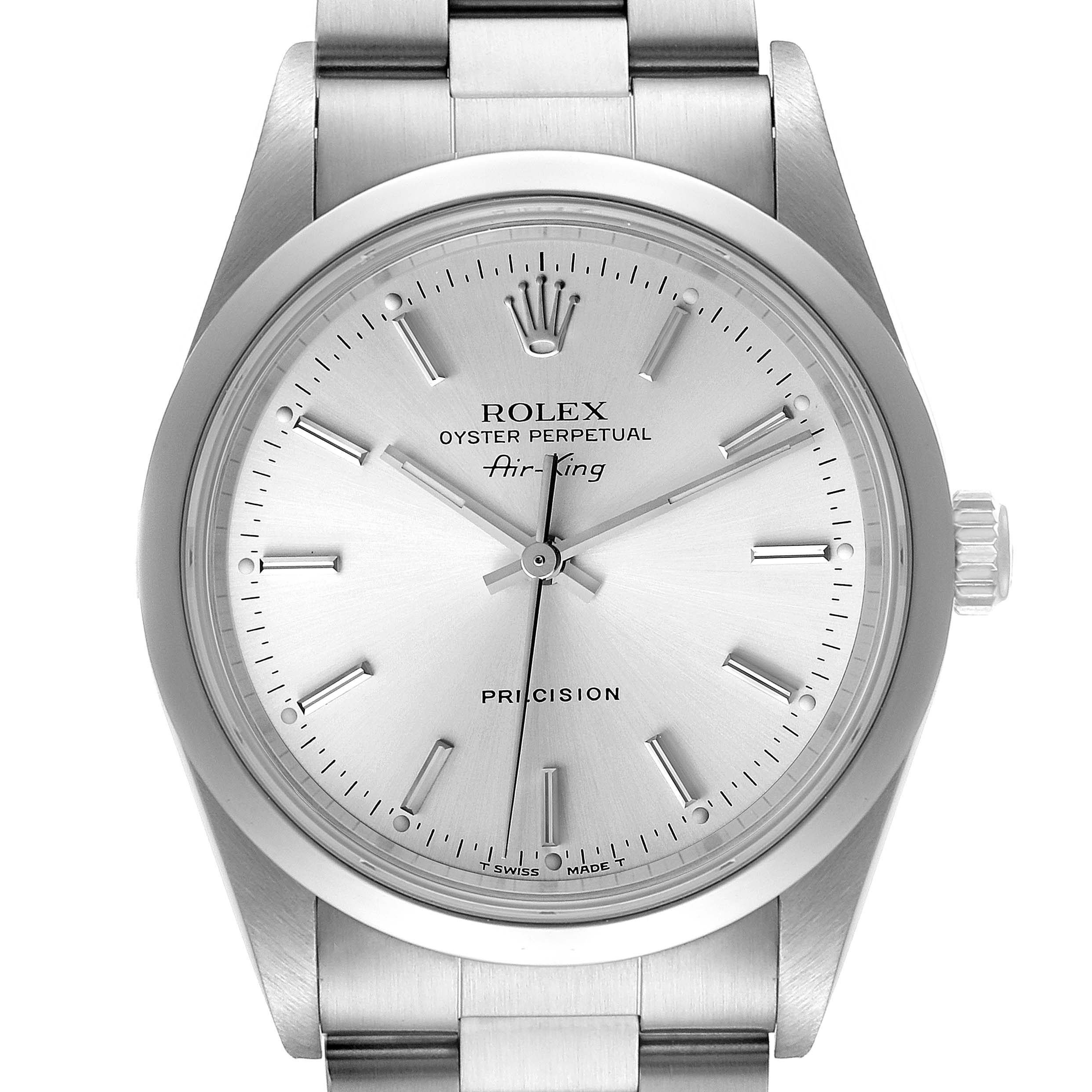 The image shows a front view of the Rolex Air-King 14000 Men's Stainless Steel Silver Dial 14000 Men's Stainless Steel Silver Dial watch, featuring its dial, hands, and bracelet.