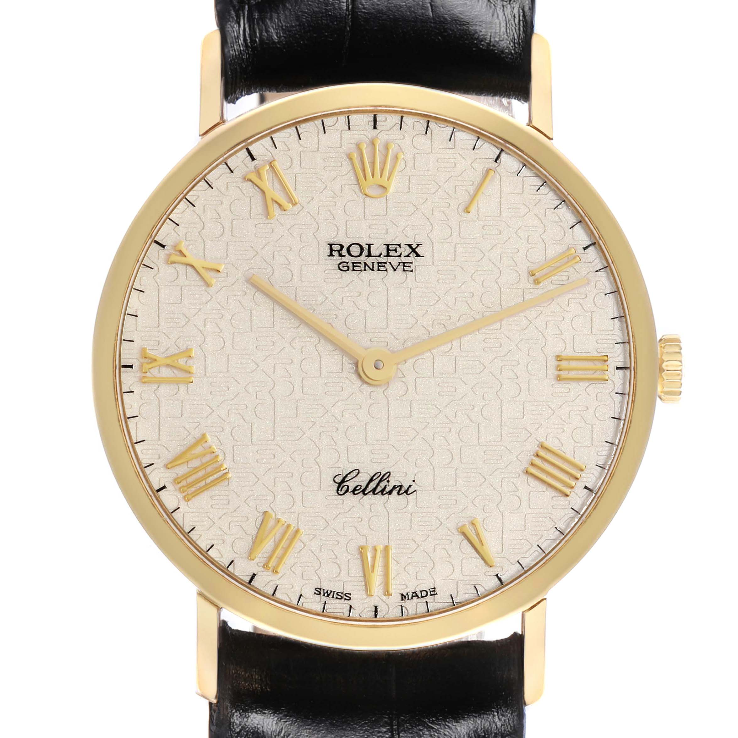 The Rolex Cellini 5112 Men
s Yellow Gold White Dial 5112 Men
s Yellow Gold White Dial watch is shown from the front, highlighting its dial, hands, and Roman numerals with a leather strap visible.