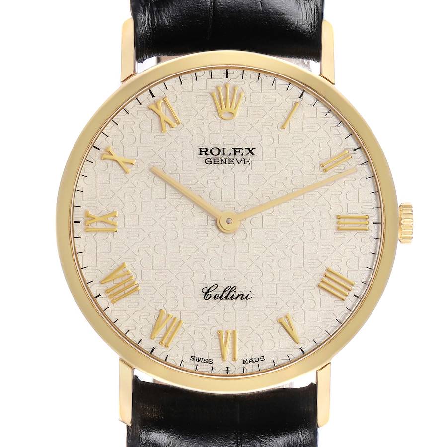 The Rolex Cellini watch is shown from the front, highlighting its dial, hands, and Roman numerals with a leather strap visible.