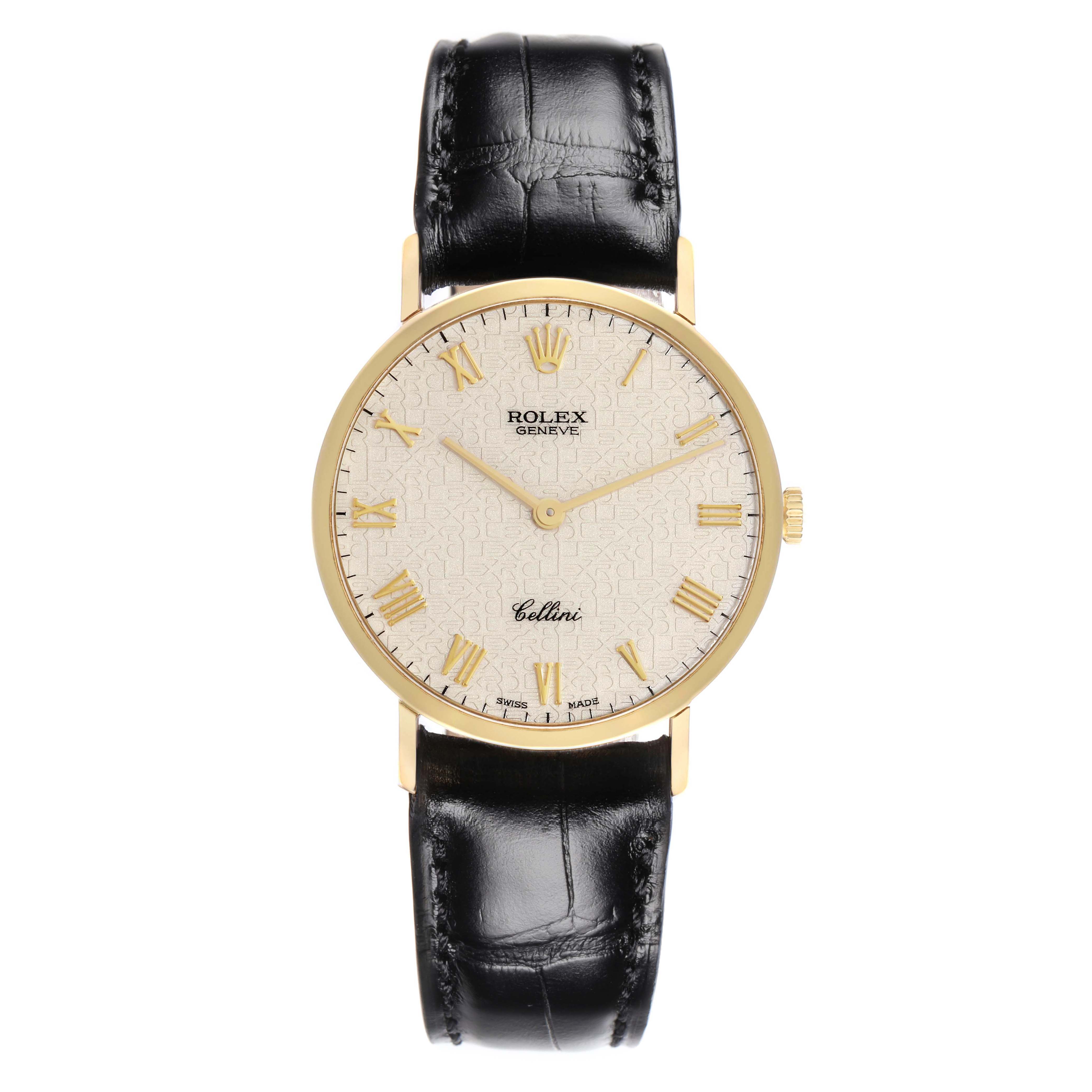 The image shows a Rolex Cellini 5112 Men
s Yellow Gold White Dial 5112 Men
s Yellow Gold White Dial watch from a straight-on angle, showcasing its face, black leather strap, and gold casing.