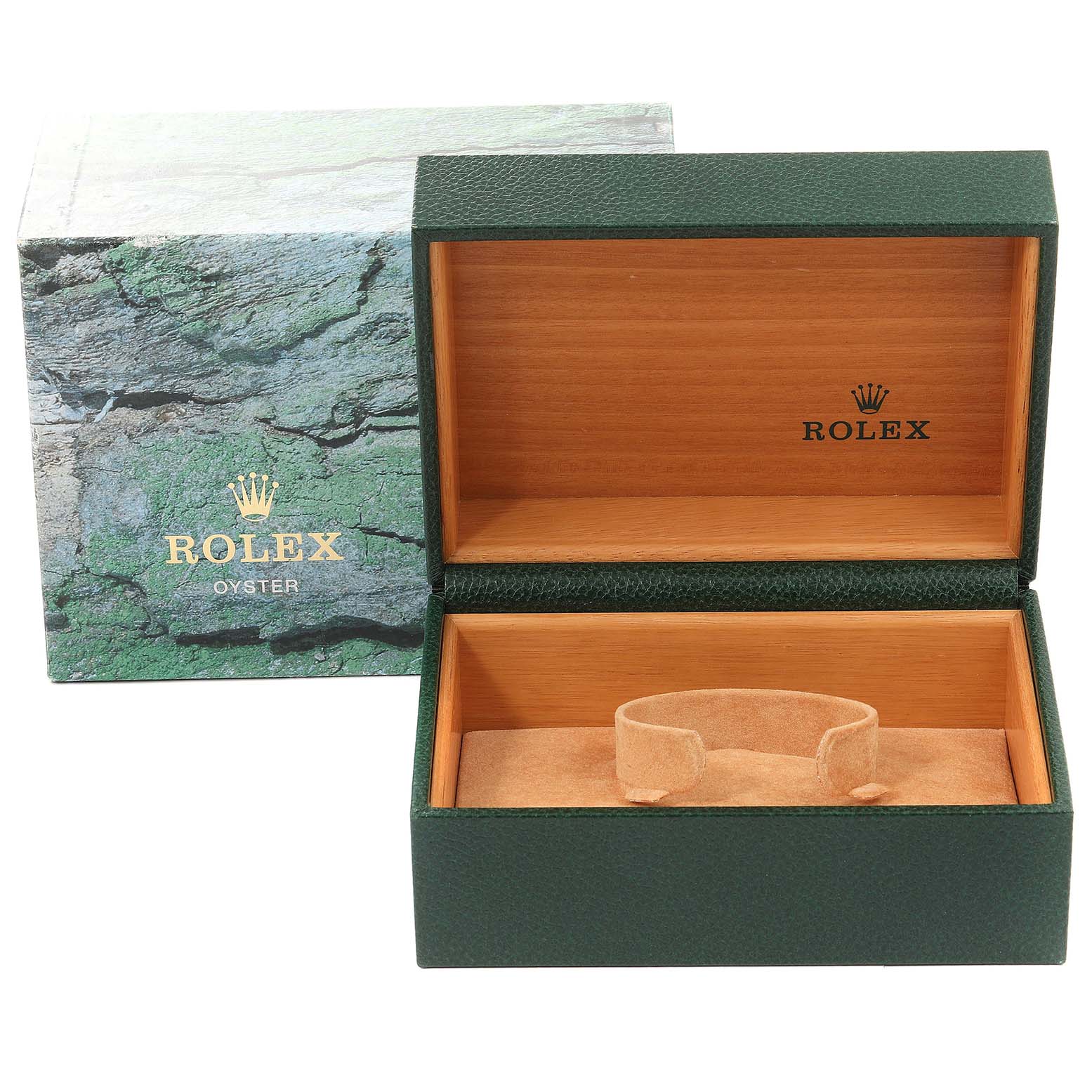 The image shows an open green Rolex Daytona 16520 Men
s Stainless Steel Black Dial 16520 Men
s Stainless Steel Black Dial watch box with a beige interior and the Rolex logo, alongside its outer green packaging.