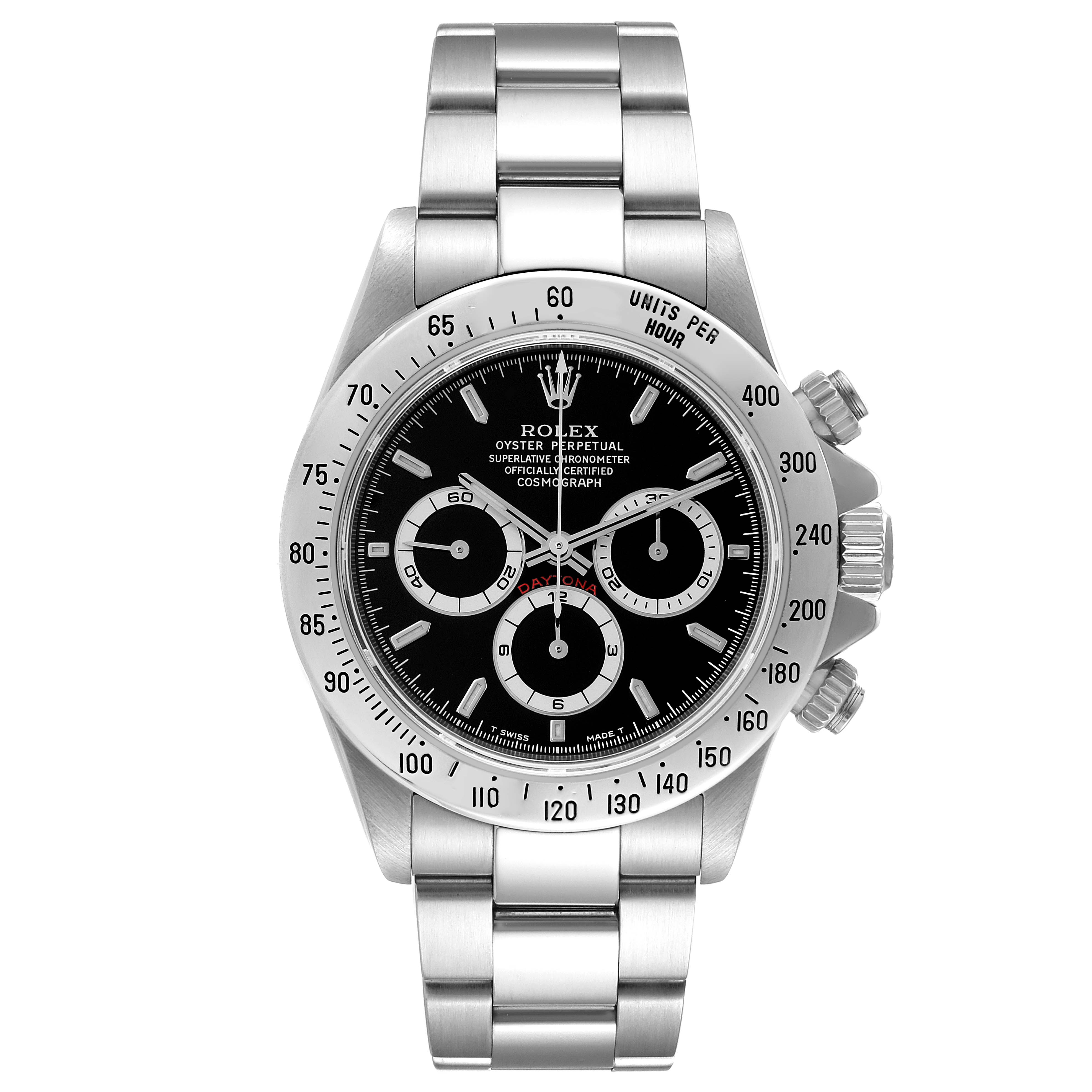 The image shows a Rolex Daytona 16520 Men
s Stainless Steel Black Dial 16520 Men
s Stainless Steel Black Dial watch photographed head-on, highlighting the face, bezel, and partial bracelet.