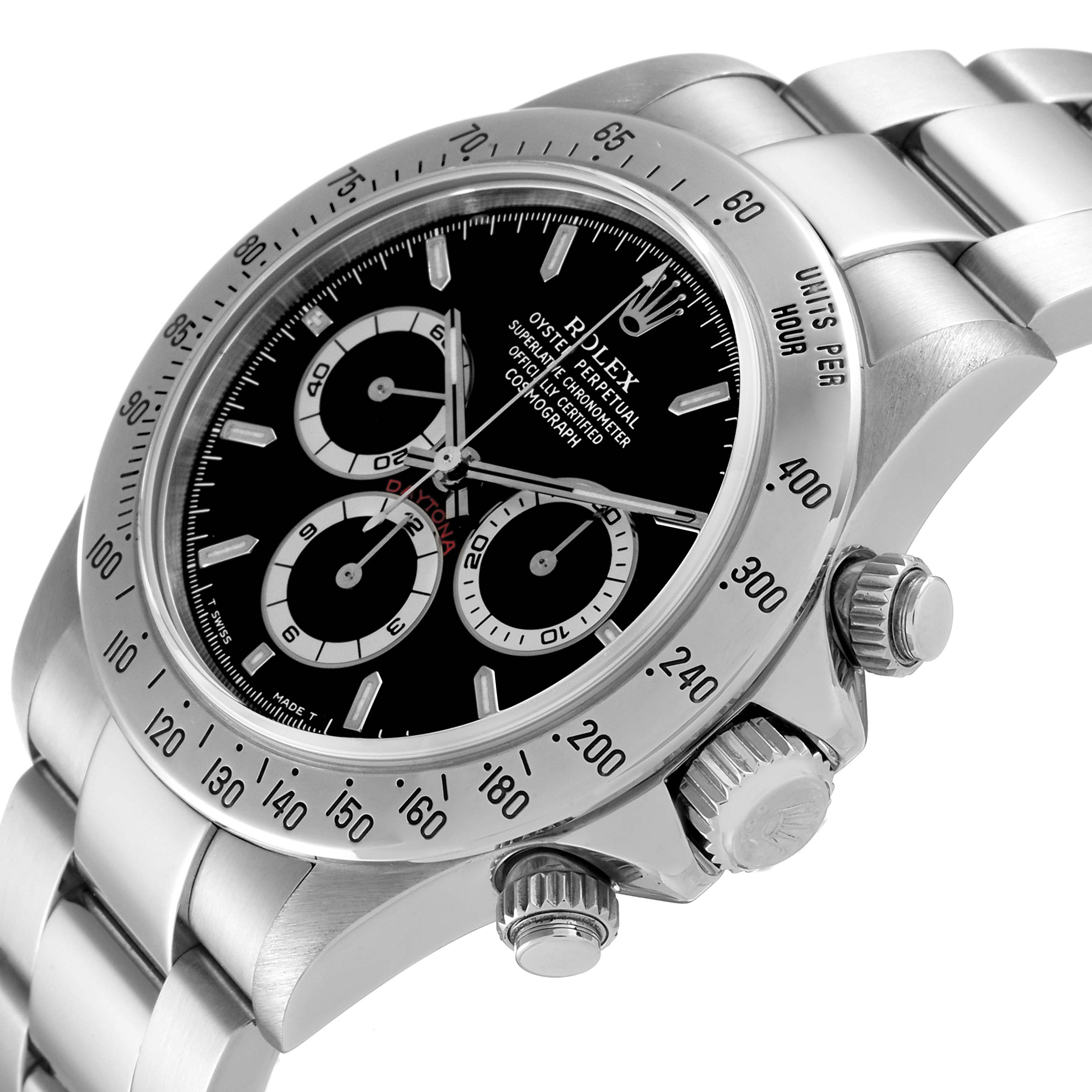The image shows a Rolex Daytona 16520 Men
s Stainless Steel Black Dial 16520 Men
s Stainless Steel Black Dial watch from a side angle, highlighting its dial, bezel, crown, and bracelet.