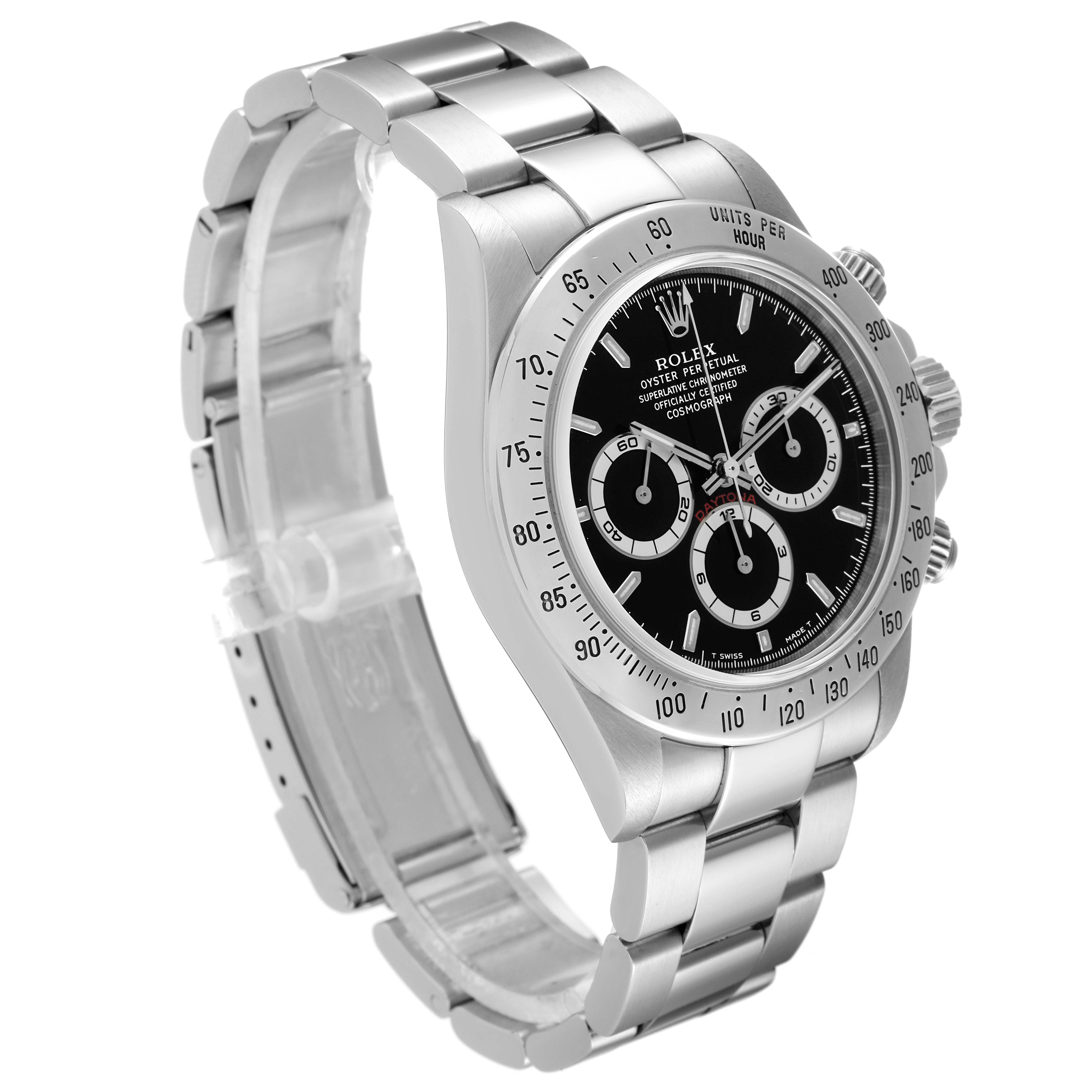 The Rolex Daytona 16520 Men
s Stainless Steel Black Dial 16520 Men
s Stainless Steel Black Dial watch is shown at a right-side angle, featuring its black dial, bezel, and stainless steel band.