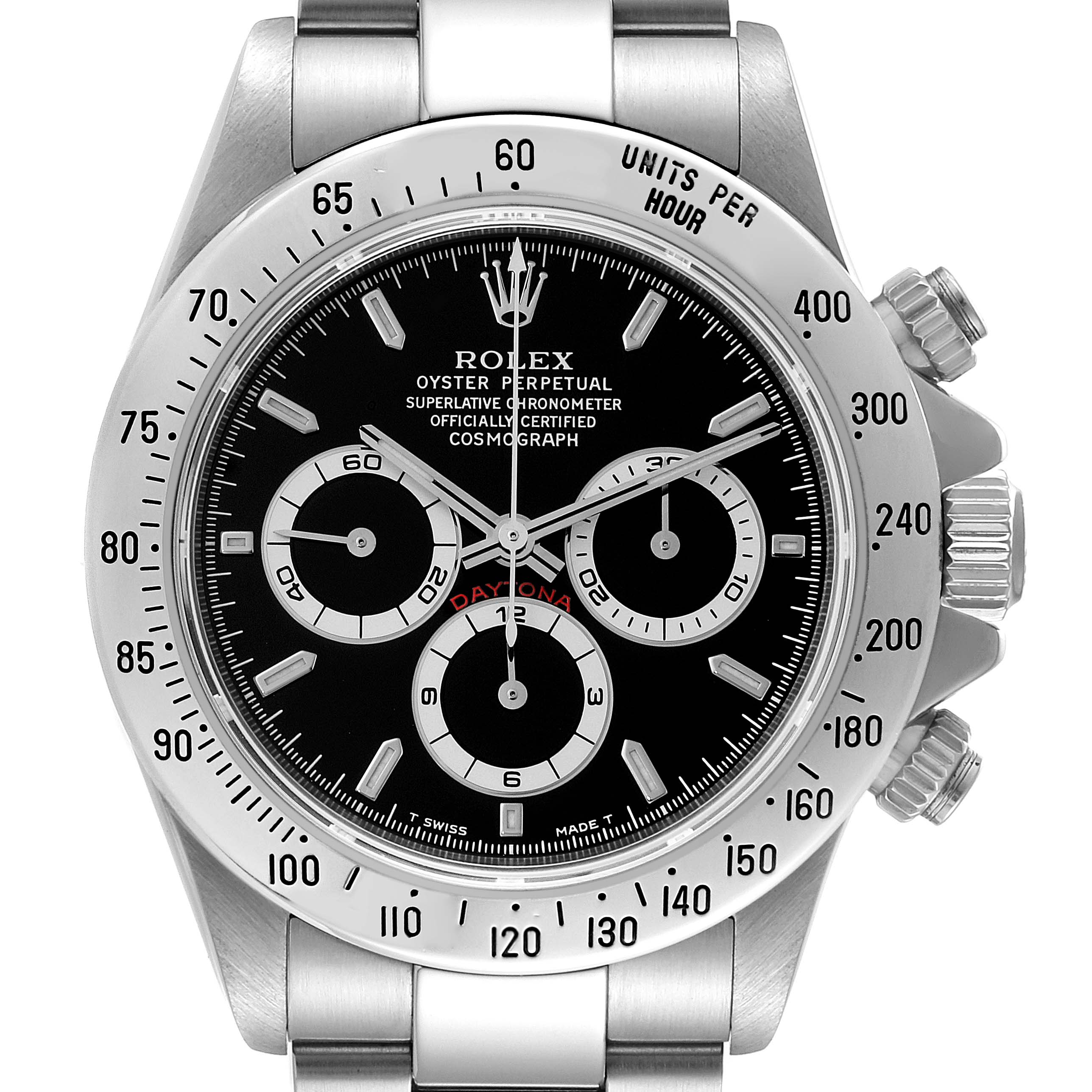 This image shows the face and bezel of a Rolex Daytona 16520 Men
s Stainless Steel Black Dial 16520 Men
s Stainless Steel Black Dial watch, viewed from the front.