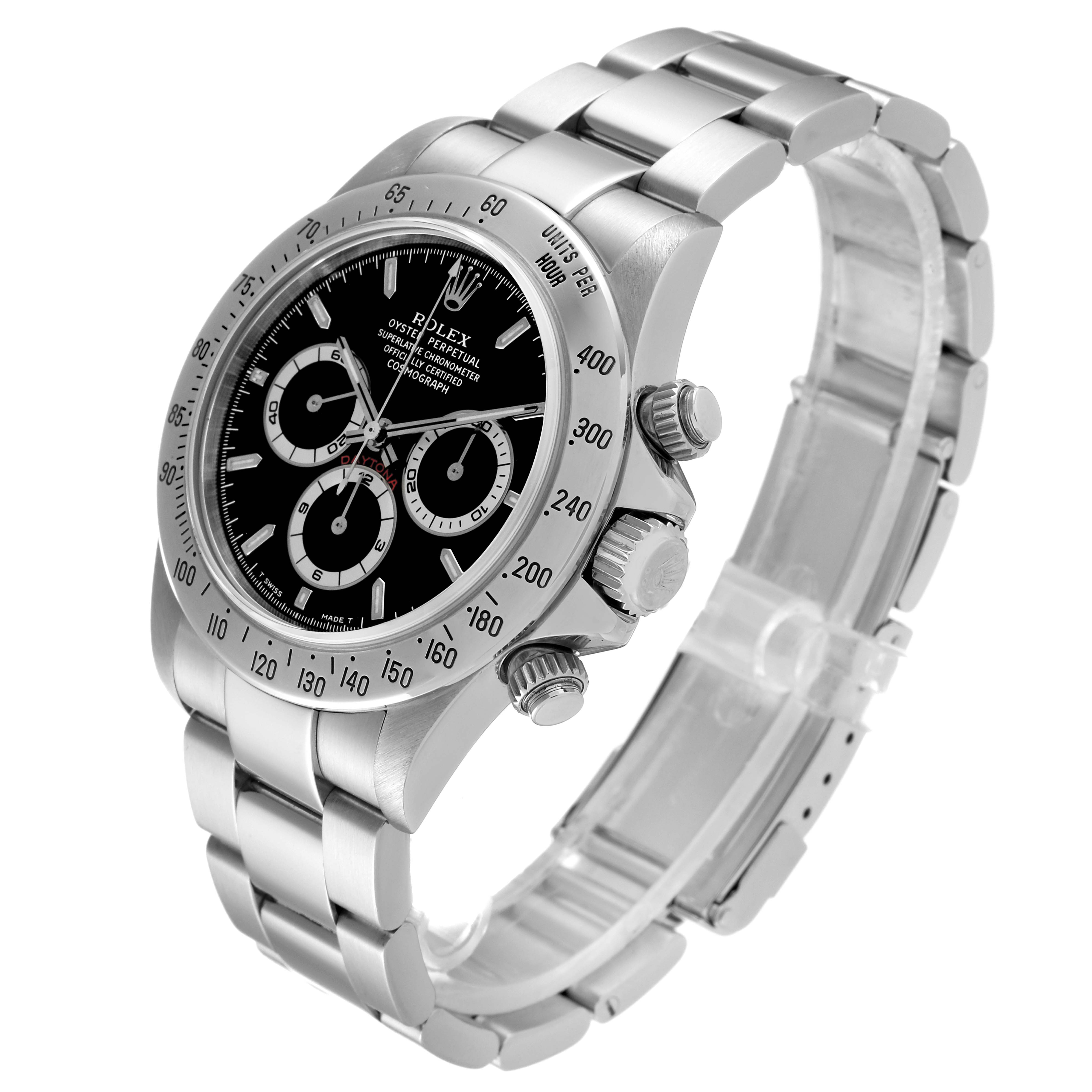 This image shows a Rolex Daytona 16520 Men
s Stainless Steel Black Dial 16520 Men
s Stainless Steel Black Dial watch at a three-quarter angle, highlighting the dial, bezel, and bracelet.