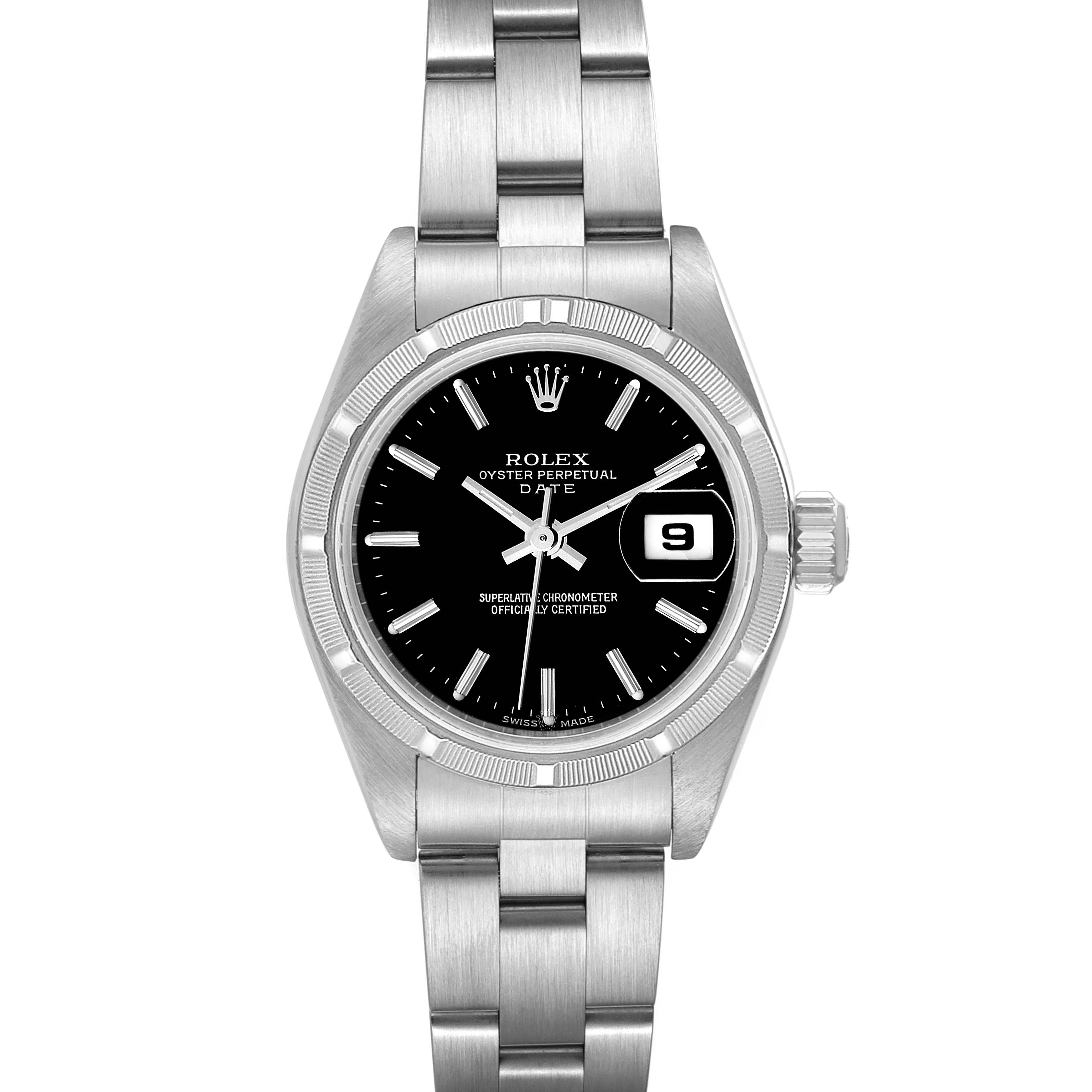 This image shows a Rolex Date 79190 Women's Stainless Steel Black Dial 79190 Women's Stainless Steel Black Dial watch model from a front angle, highlighting the black dial, date window, and stainless steel bracelet.