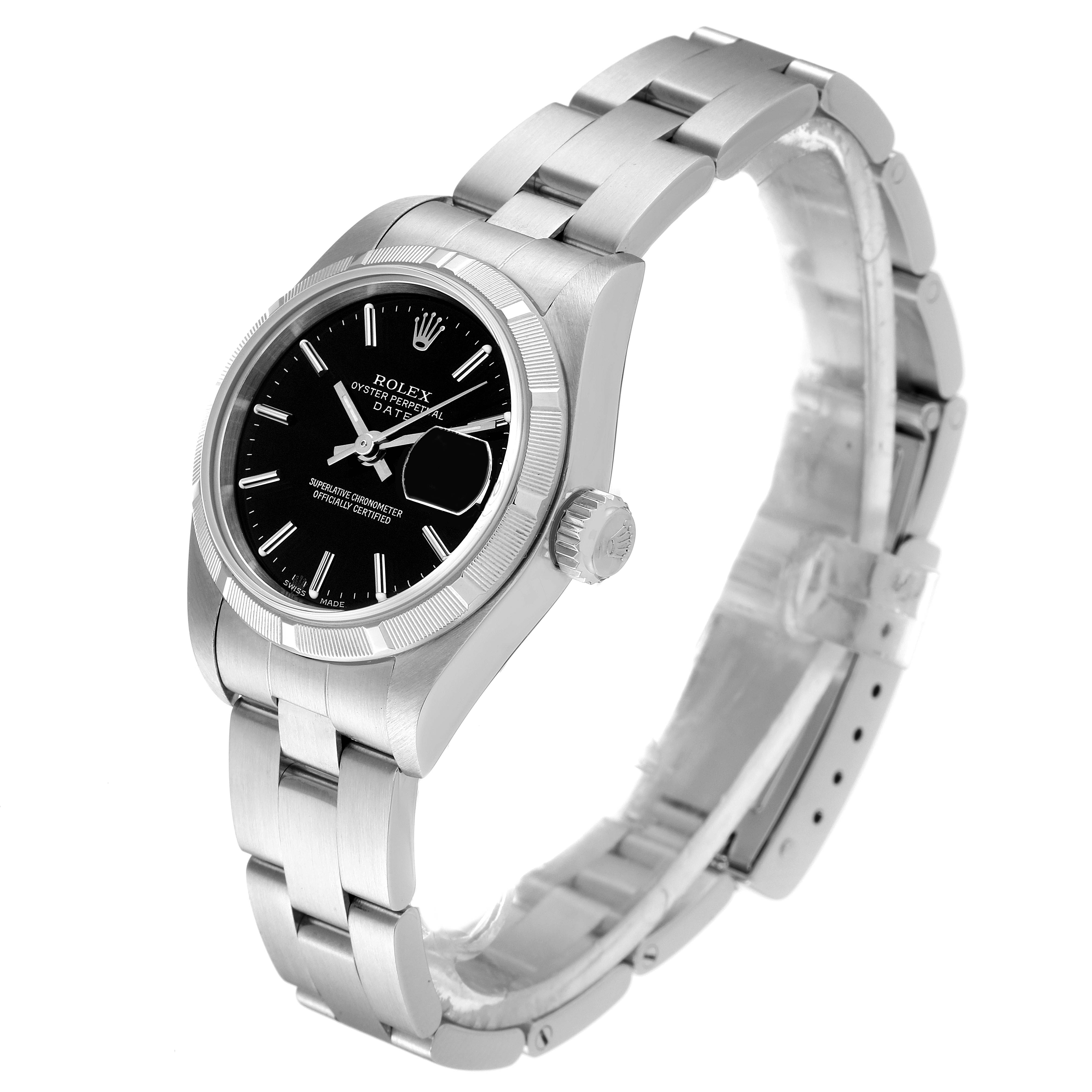 The Rolex Date 79190 Women's Stainless Steel Black Dial 79190 Women's Stainless Steel Black Dial model watch is shown at an angle highlighting the dial, bezel, crown, and part of its bracelet.