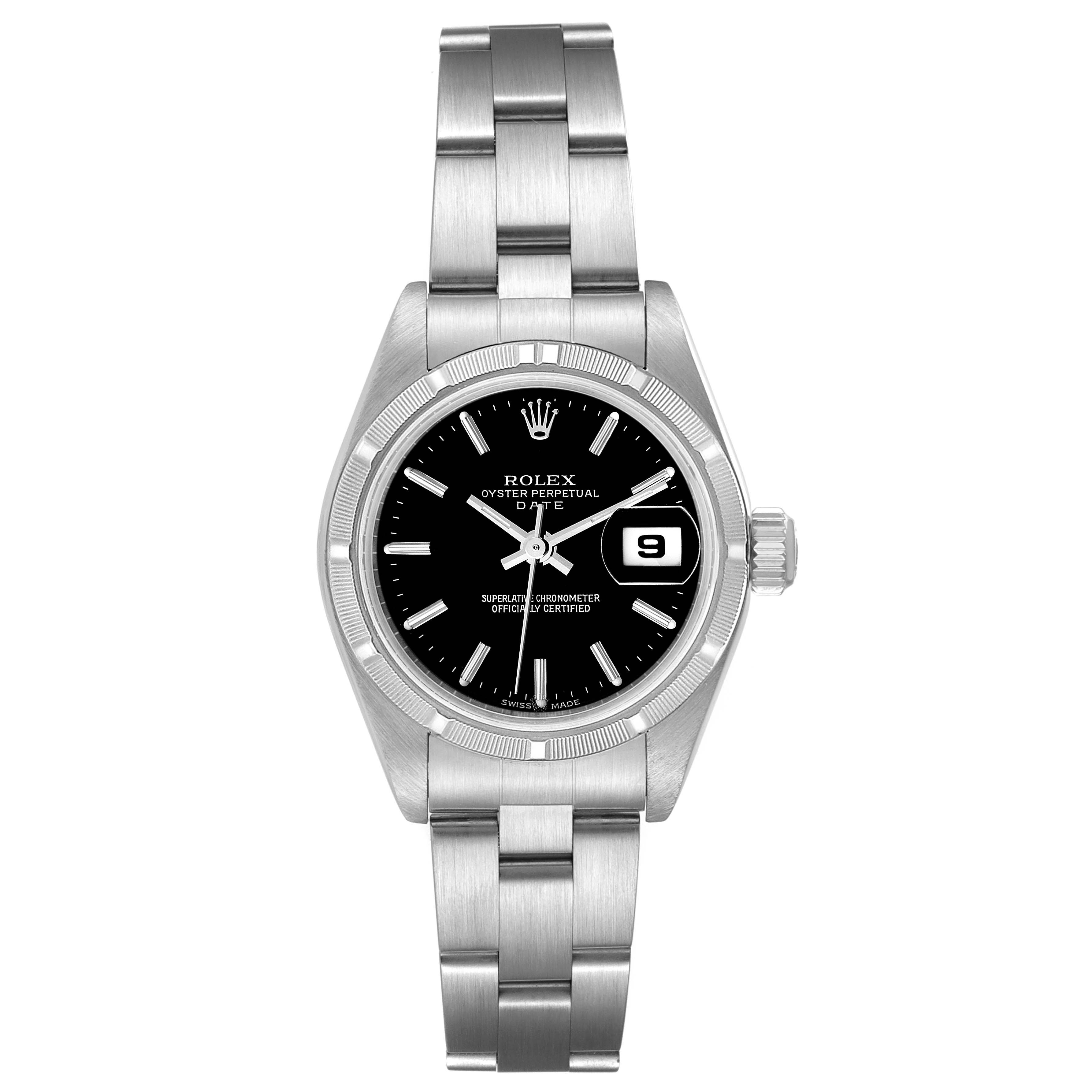 This image shows a frontal view of a Rolex Date 79190 Women's Stainless Steel Black Dial 79190 Women's Stainless Steel Black Dial model watch, highlighting the black dial, date window, and stainless steel bracelet.