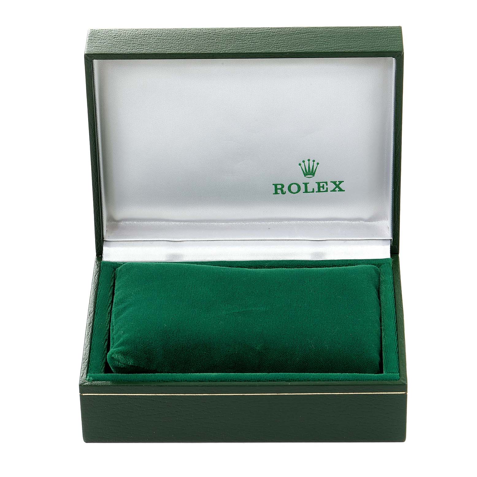 The image shows an open Rolex Date 79190 Women's Stainless Steel Black Dial 79190 Women's Stainless Steel Black Dial model watch box, with a green cushion inside.